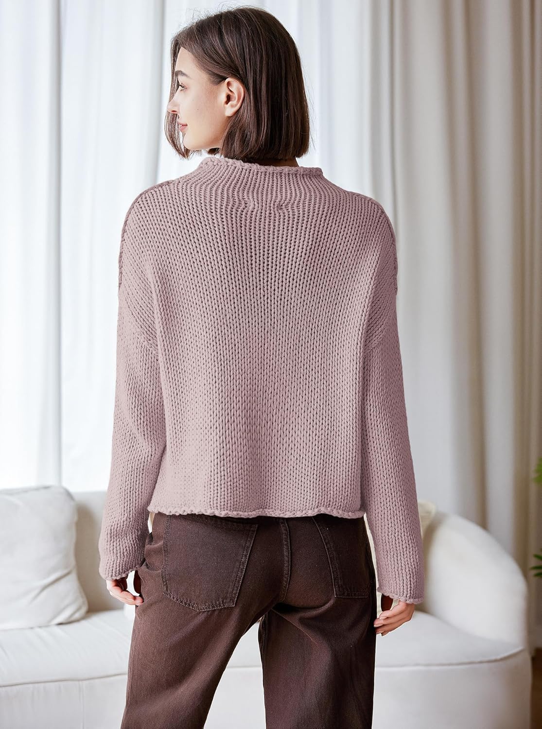 Panadila Womens Mock Neck Cropped Sweater Oversized Chunky Knit Pullover Sweaters Fall Long Sleeve Sweater Tops - Image 6