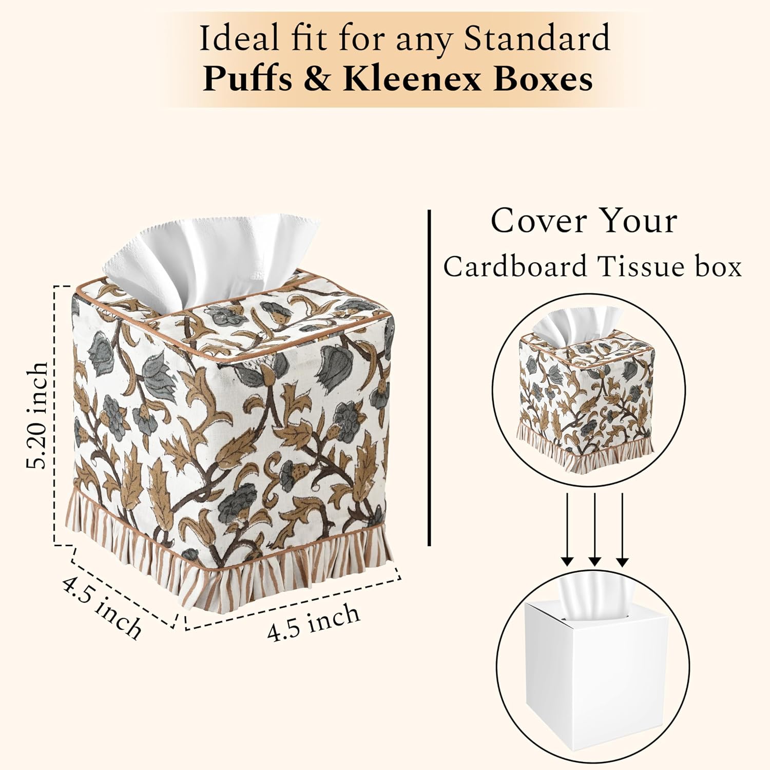 CPC Autumn Vine Hand Block Print Cotton Square Ruffle Tissue Box Cover image 4