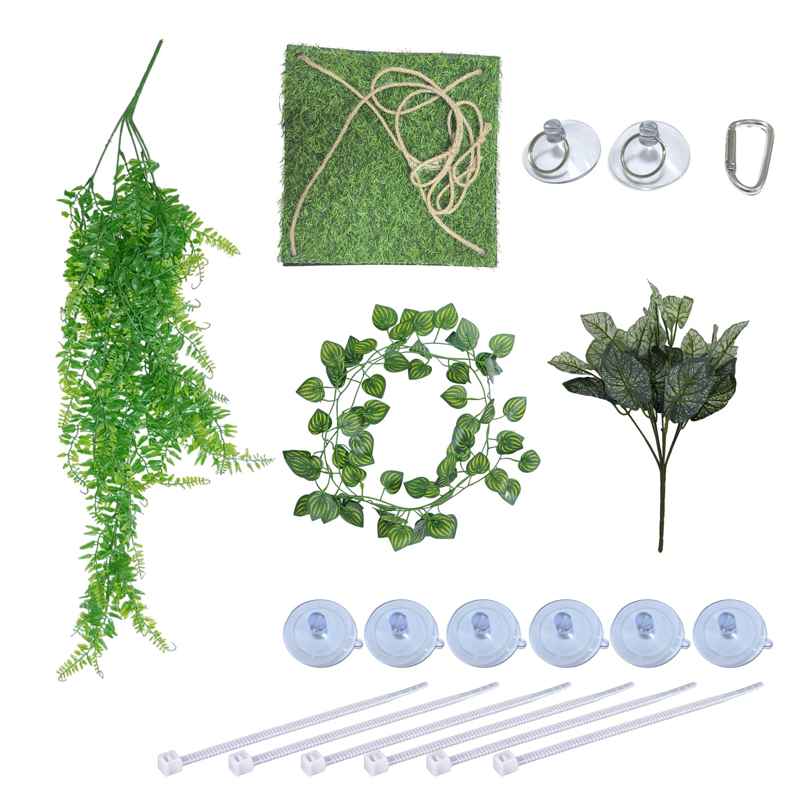 4-en-1 Plantes Suspendues et Hamac pour Reptiles – Ensemble de Décoration de Terrarium pour Reptiles avec Lianes Flexibles & Ventouses – Idéal pour Lézard, Caméléon, Gecko, Tortue (Vert)