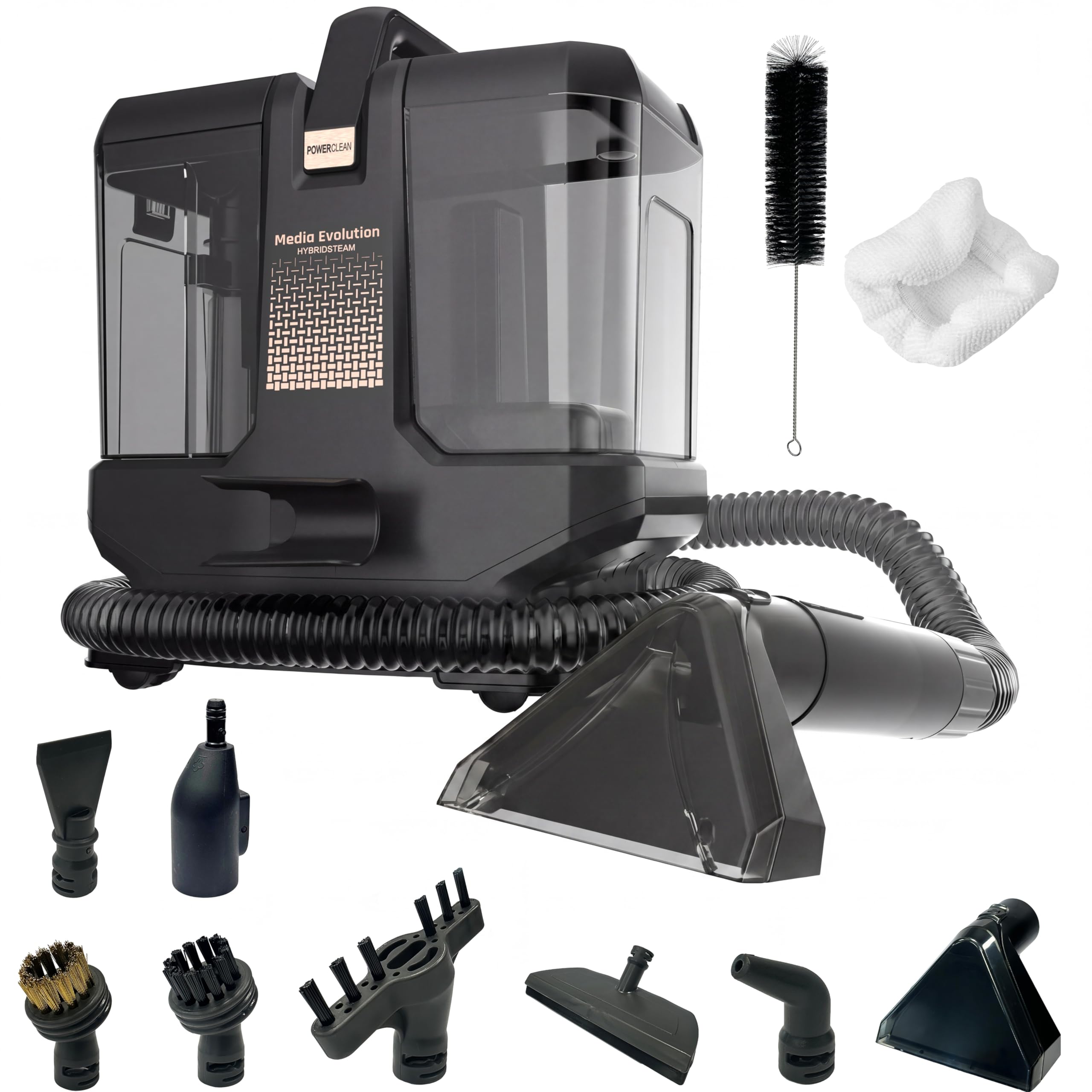 Media Evolution Polsterreiniger Gerät und Nassauger | Teppichreiniger und Dampfreiniger, 8 Aufsätze, 1800 W, 100 °C Dampf, Für Teppich, Polster, Autositze, Sofa, Möbel, Matratzen
