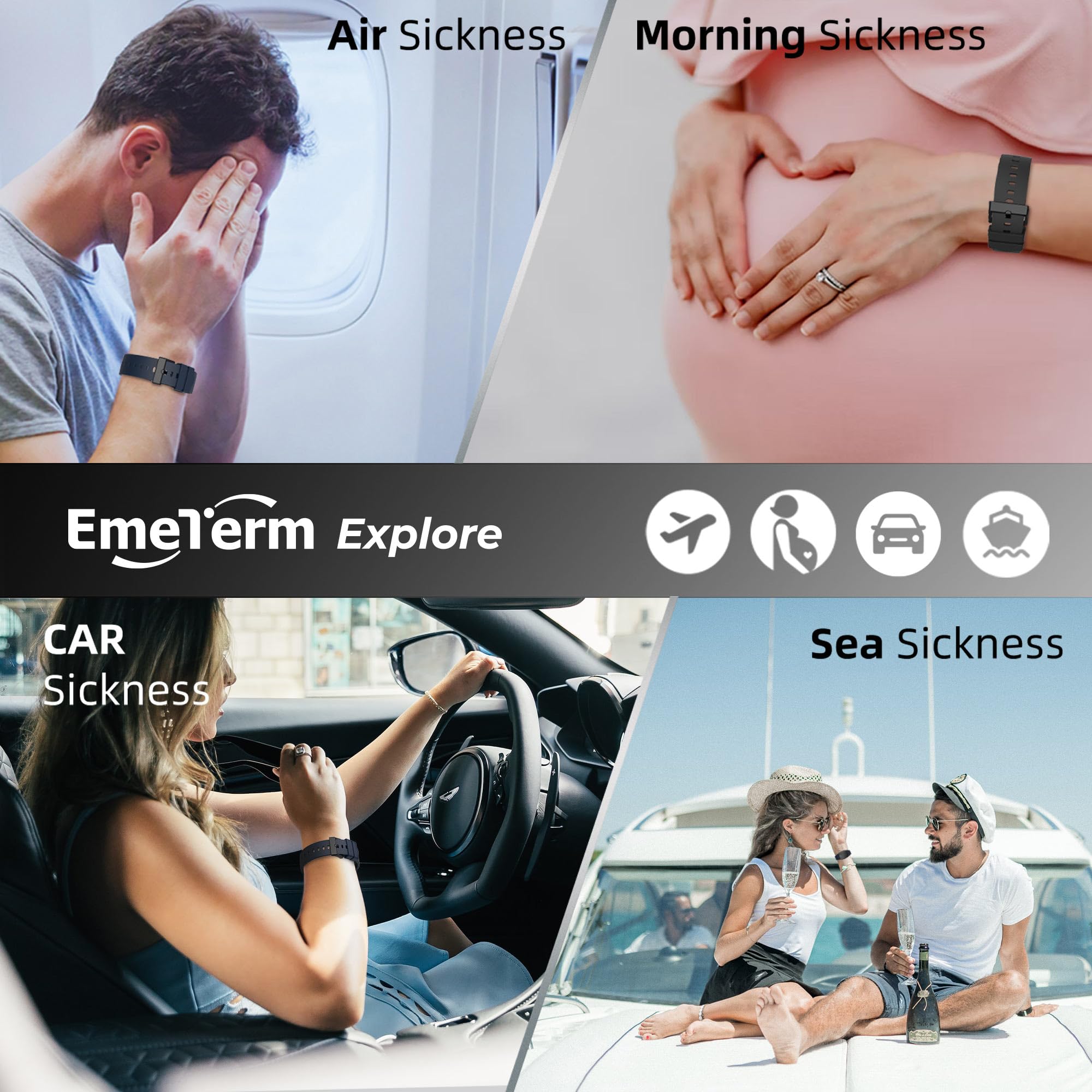 EmeTerm Explore Classic FDA-Cleared Anti-Nausea Wristband IP67 Waterproof Morning Motion Sickness Relief Band Rechargeable Classic Strap Design Drug Free Non-drowsy Without Side Effects: Galaxy Black / Mint Green