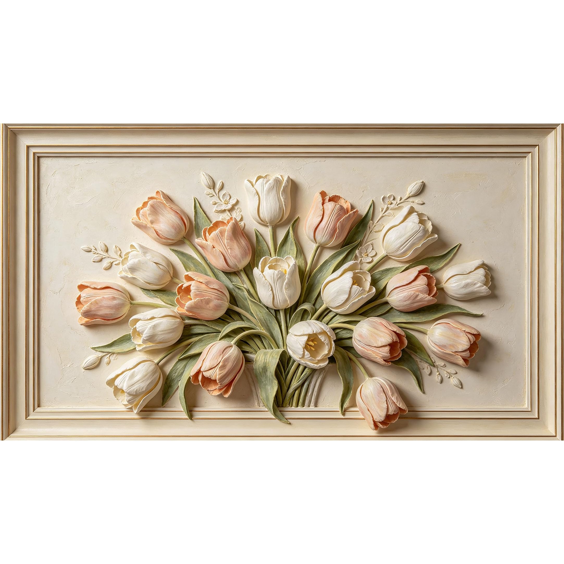 QZLITHOTIC 50x90cm3D Framed Wall Art， Botanical Tulip Bouquet Relief SelfAdhesive Mural， WaterActivated Peel & Stick Fabric Decor Wall Decal for Bedroom Living Room