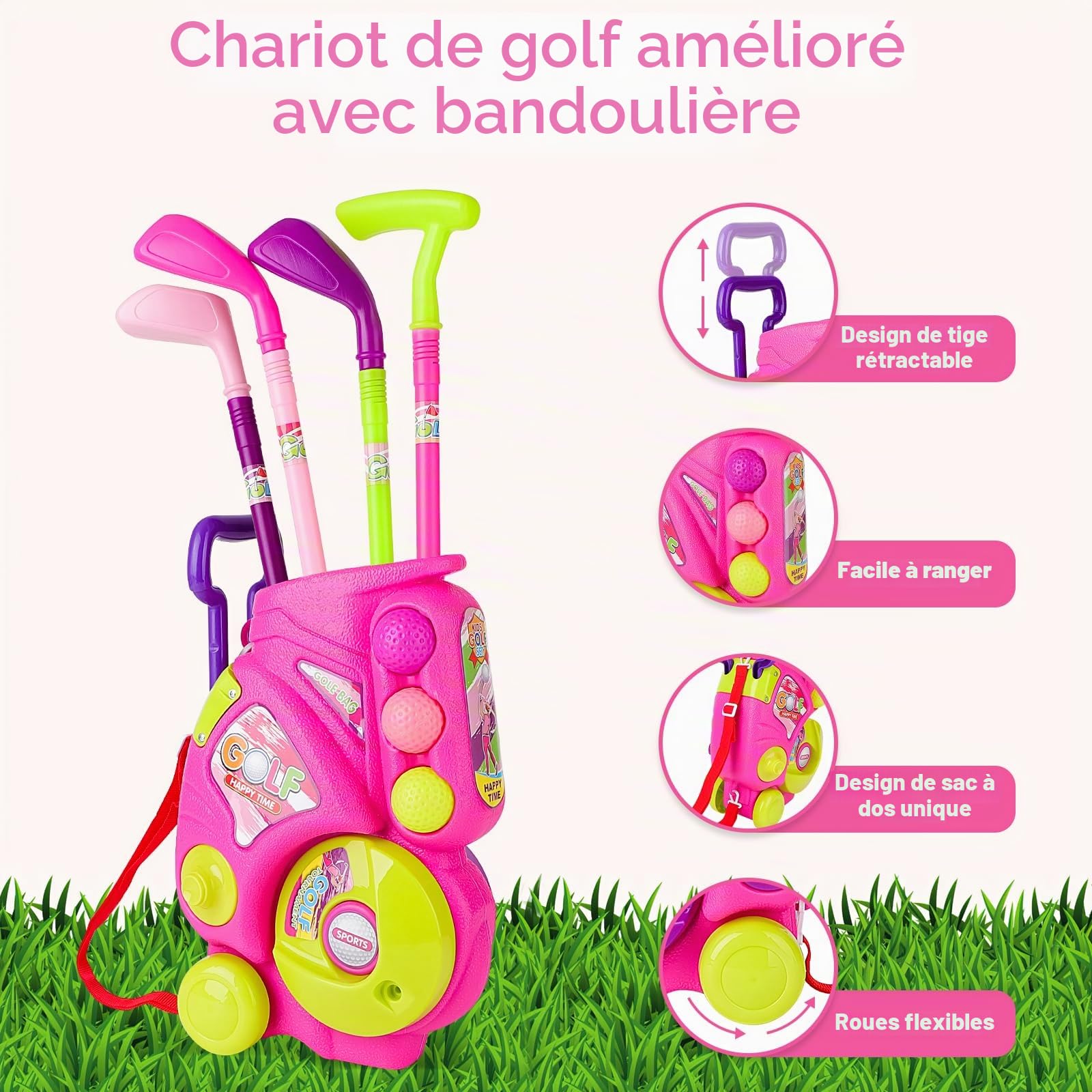 deAO Jeu de Golf pour Enfants, Jouets de Sport d'extérieur et d'intérieur, Jeu de Golf pour Garçons, Filles et Enfants de 3 À 6 Ans, Rose