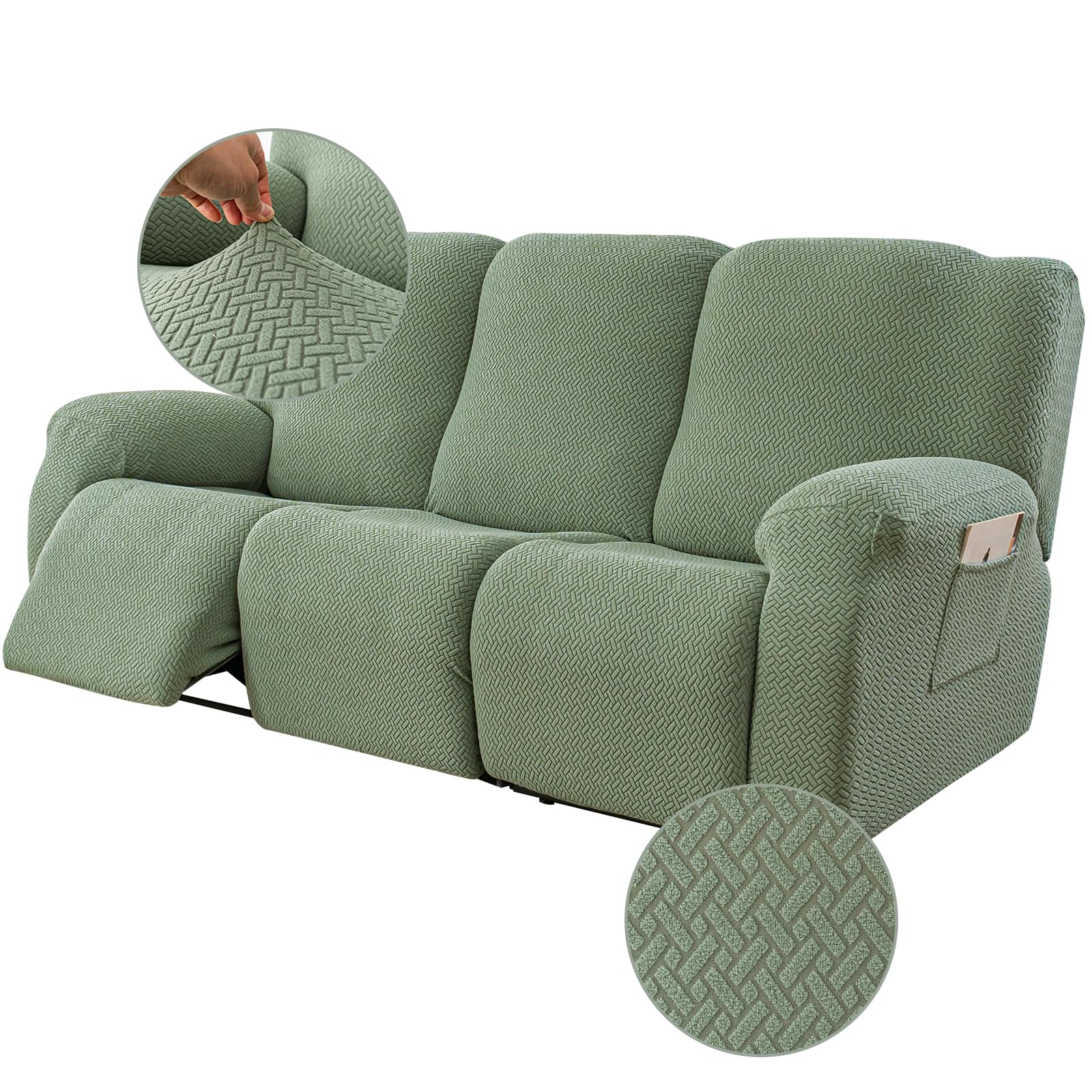 Genina Recliner Sofa Covers - Stretch Reclining Couch Covers with Stripe Jacquard - 3 Seat Cushion Slipcovers with Soft Fabric - Furniture Protector for Pet Kid (Matcha Green)