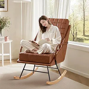 VECELO Rocking Chair Nursery, Oversize Leather Glider Rocker with Padded Cushion, Upholstered Removable High Back, Brown