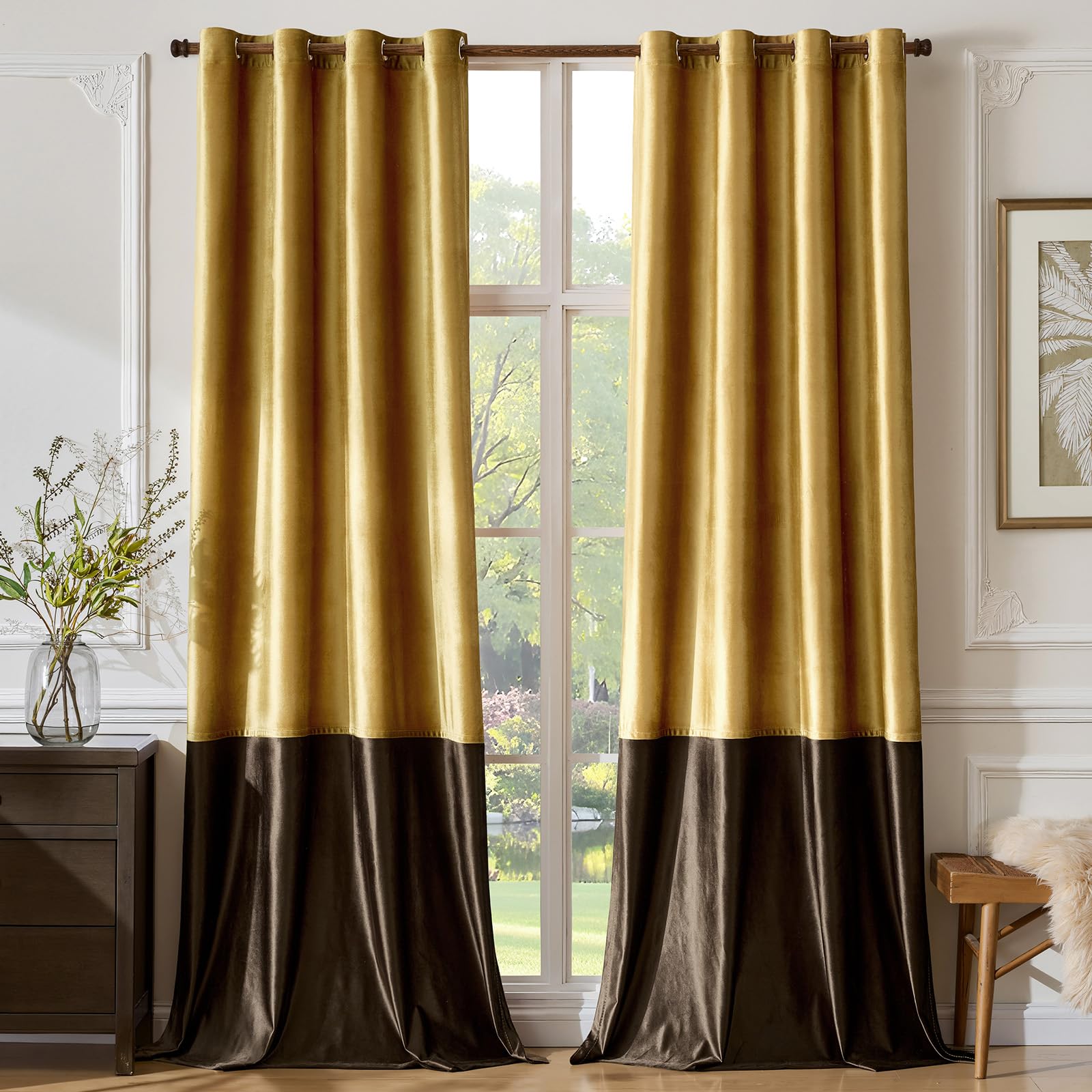 BULBUL Color Block Window Curtains Panels 120 inches Long Gold Brown Velvet Farmhouse Drapes for Bedroom Living Room Darkening Treatment with Grommet Set of 2 โ image 1