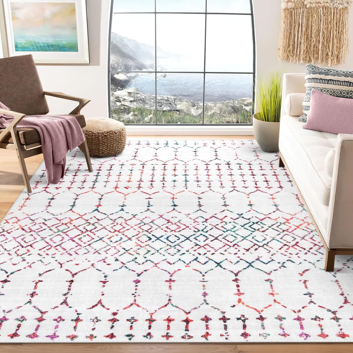 Tapis 150 x 150 cm géométrique blanc rouge et vert pour salon moderne