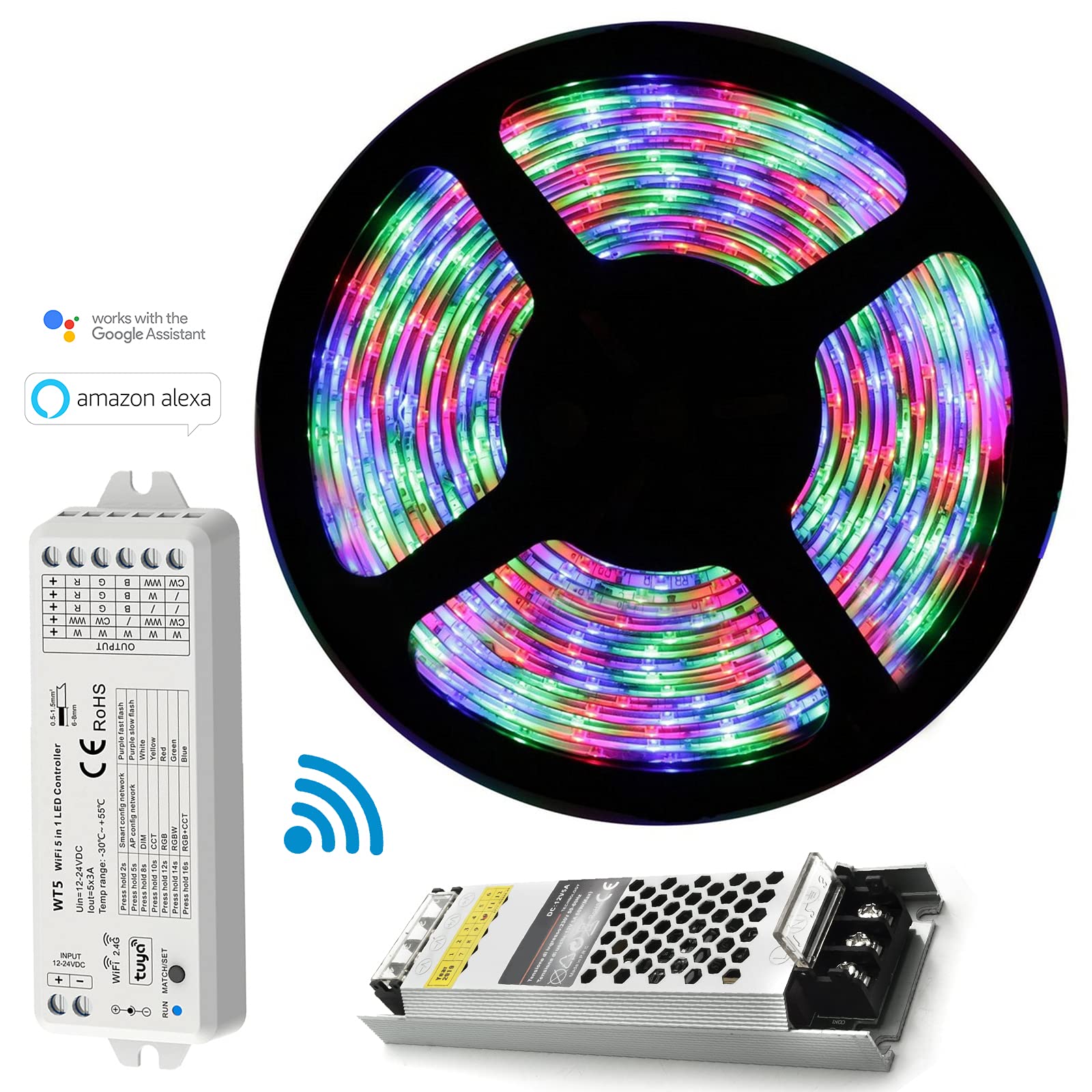 planetitaly Kit de chromothérapie, bande LED, lumière colorée intérieure, RGB, Wi-Fi, télécommande RF 12 V, contrôle vocal Amazon Alexa Google Home 5 mètres