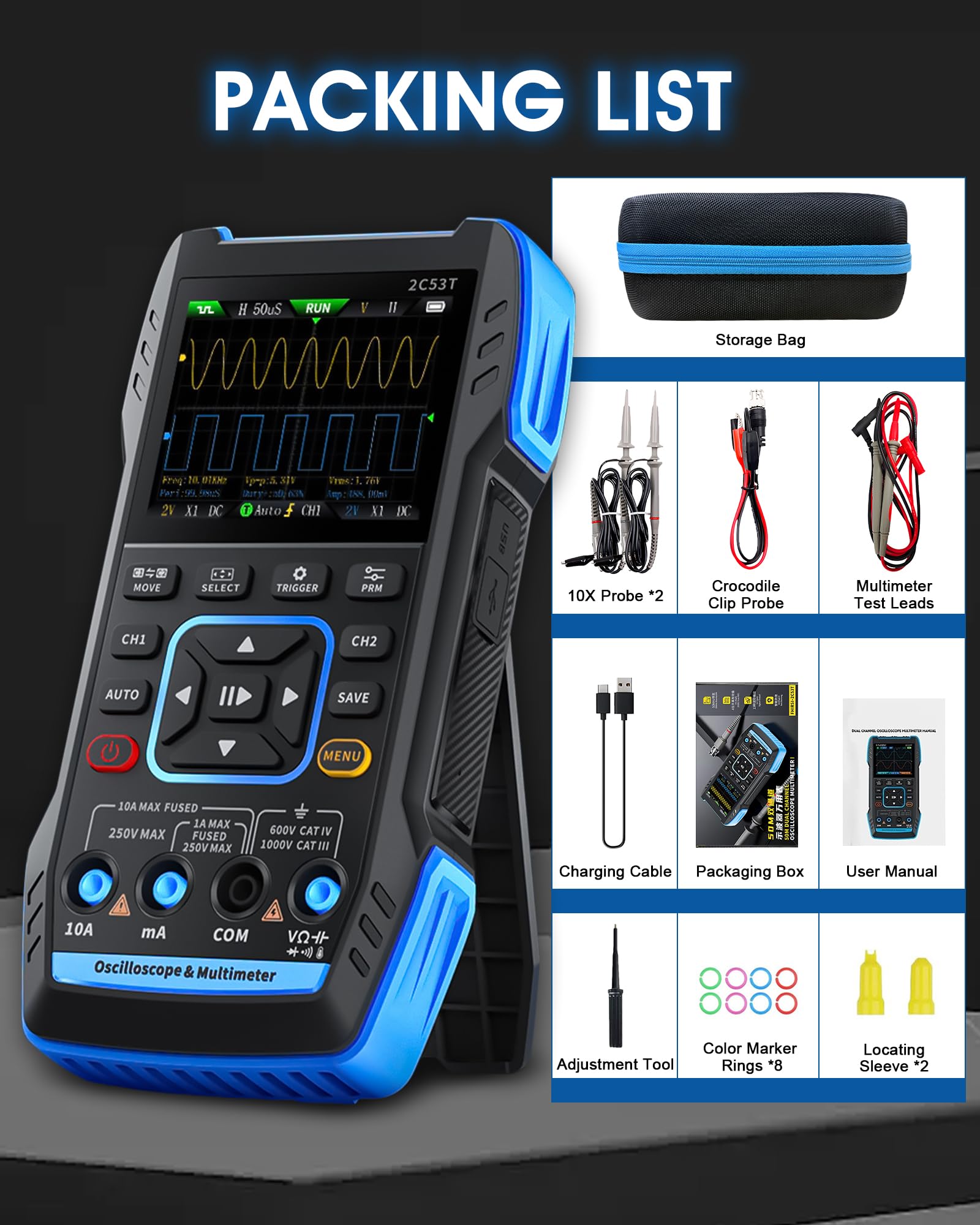 Handheld Oszilloskop Multimeter 2C53T, WapoRich 3-in-1 Oszilloskop 2 Kanal mit Signalgenerator, 50MHz, 250MSa/s, TRMS 19999 Counts, 13 Signalformen, FFT, XY-Modus, tragbares Digital Oszilloskop
