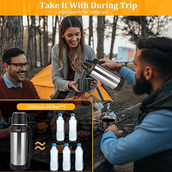 Flask for Hot Drinks, 2L Stainless Steel Vacuum Insulated Flask for Hot and Cold Drinks Coffee, Large Capacity Leakproof Hot Water Bottle with Telescopic Handle for Outdoor Travel Hiking Camping