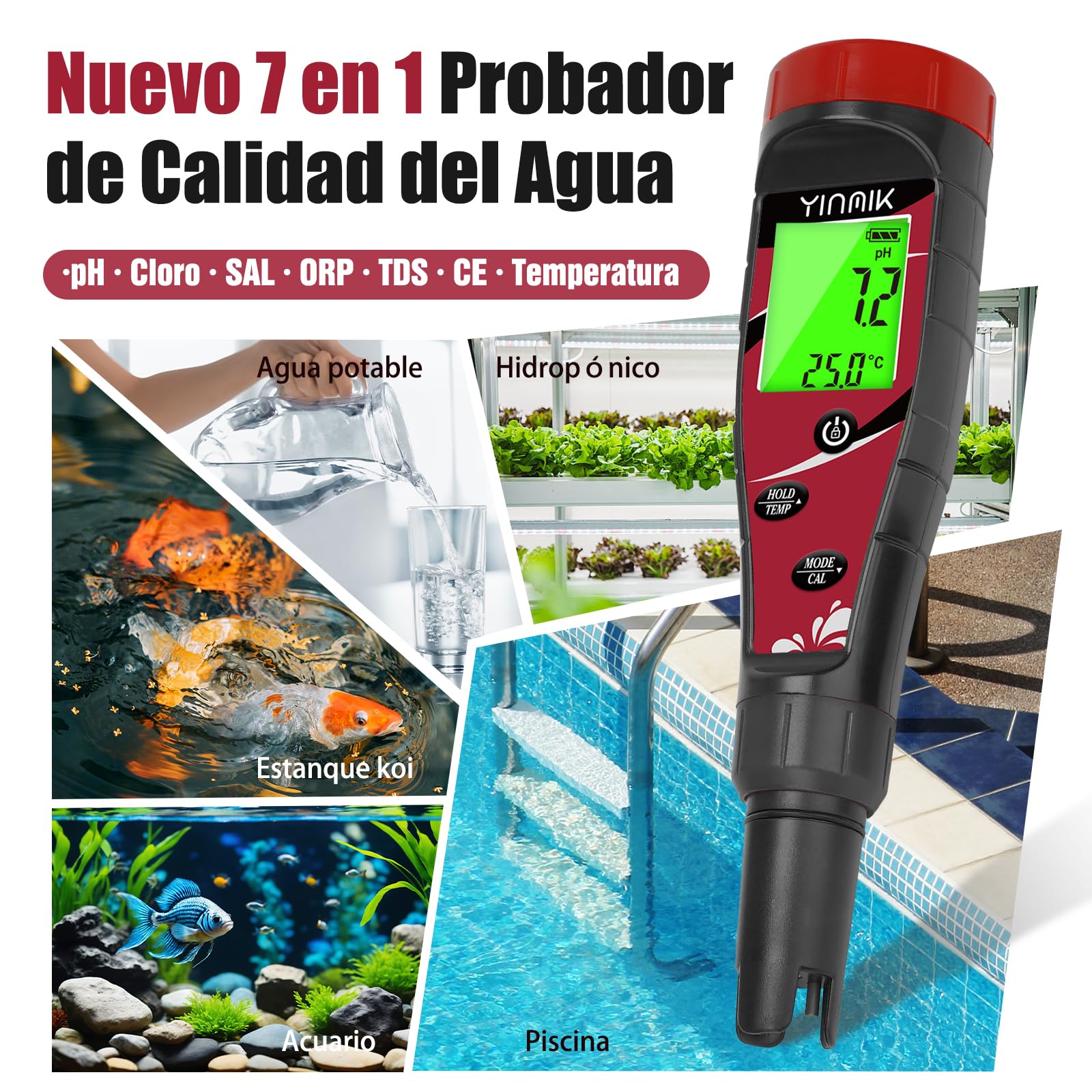 YINMIK Medidor de pH y Cloro Probador de Salinidad para Piscina Agua Salada