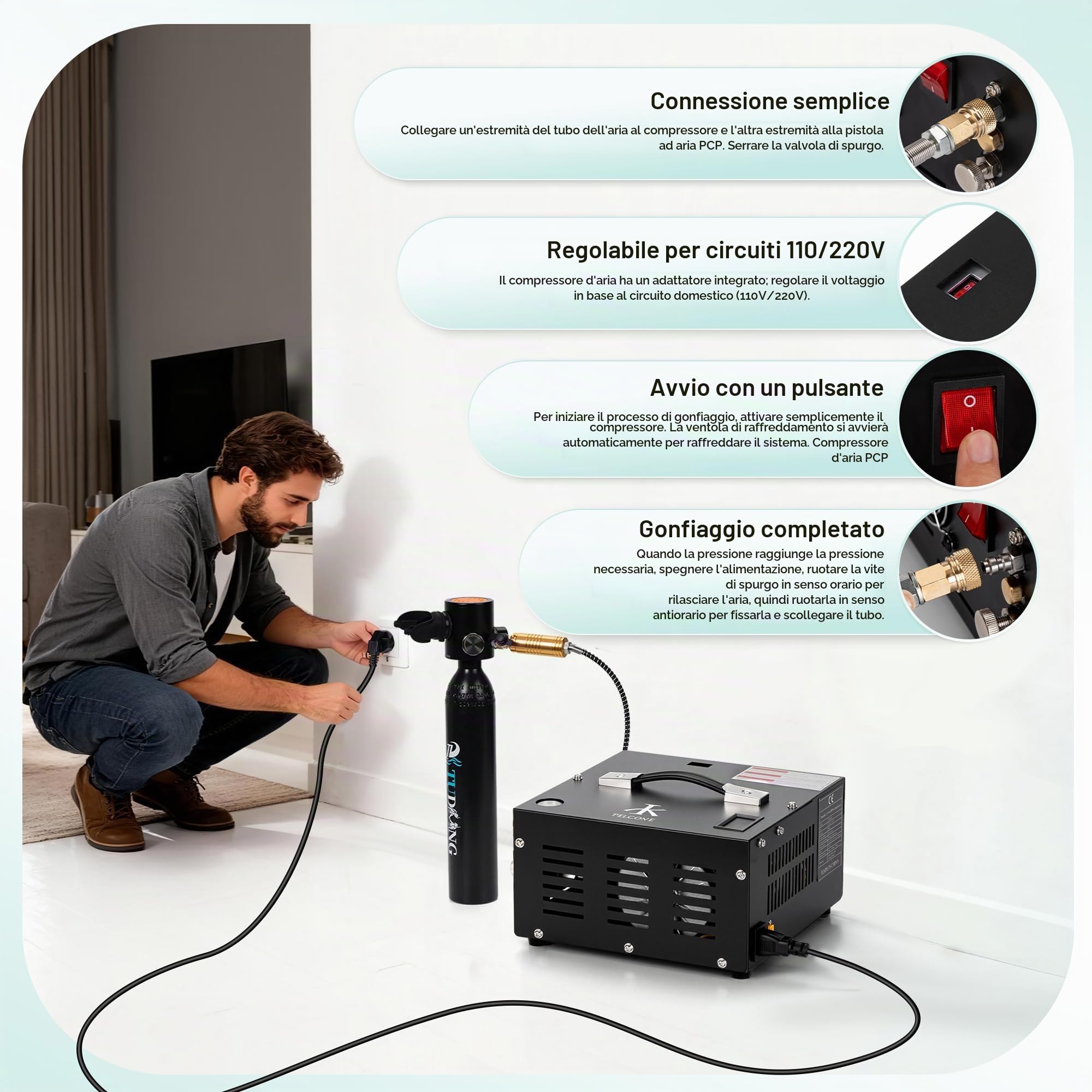 Compressore d'aria TUXING 4500Psi Pcp | Senza olio/acqua | Alimentato da auto 12V DC o casa 220V AC con convertitore | Pompa per fucile ad aria PCP, pistole a aria a paintball