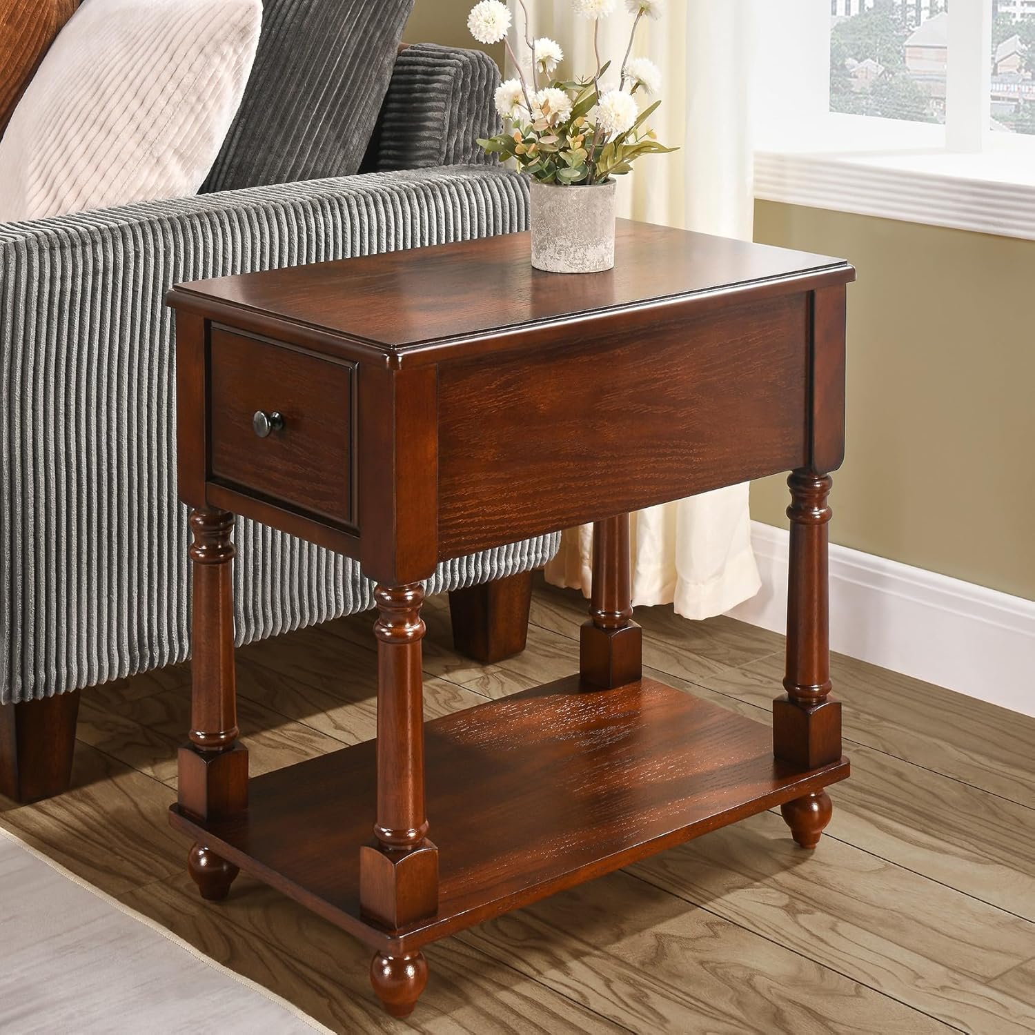 Narrow End SideTable with Drawer and Storage Shelf, Solid Wood Sofa Tables, Slim Beside Table-, Telephone for Small Spaces, Living Room, 22″L x 13″W x 22.7″H No-tools Assembly Dark Walnut BBJ004DWA