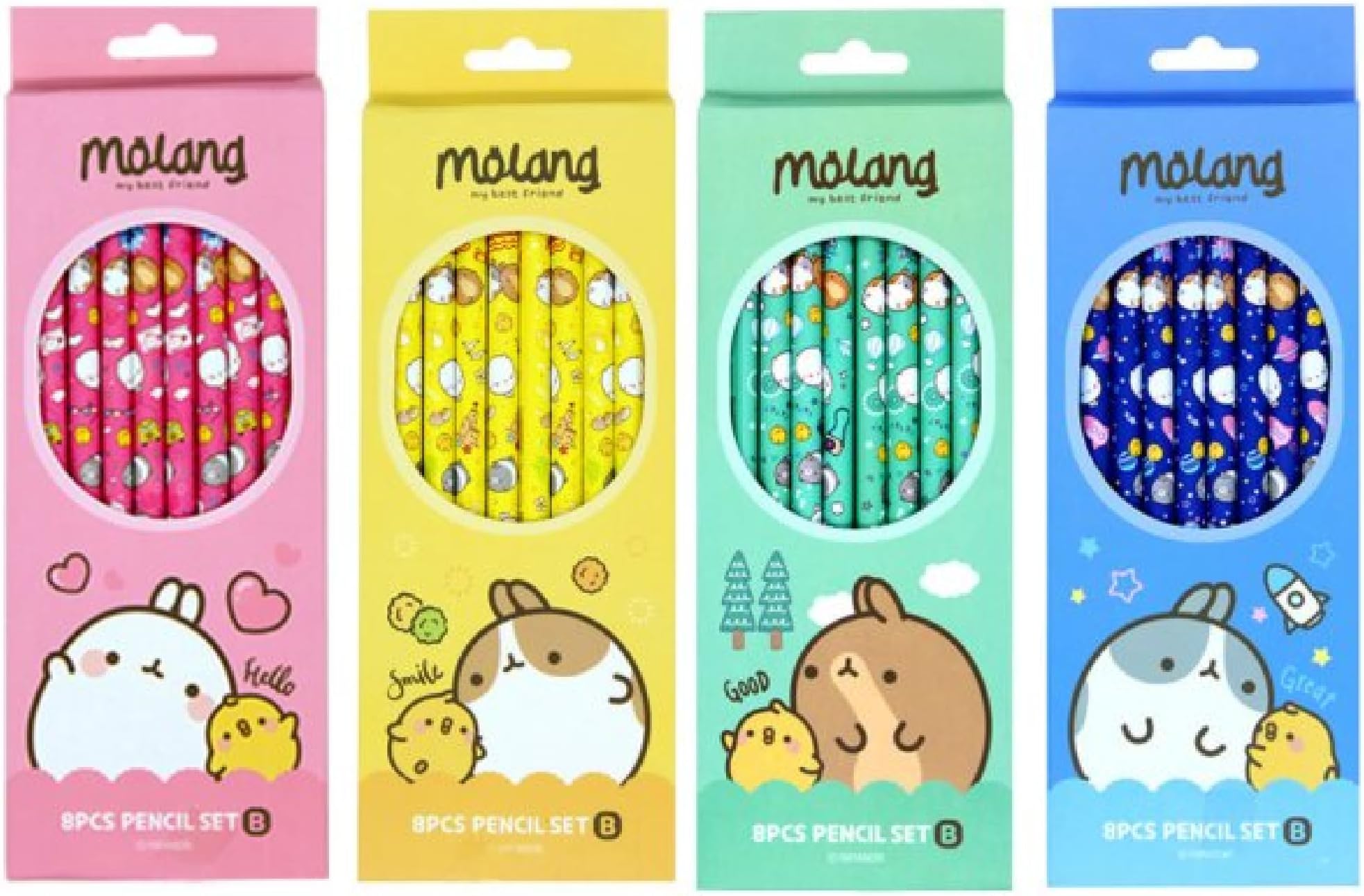 Molang 8-Piece Pencil Set - Kawaii Korean Stationery With Soft #B Lead For Drawing & Writing