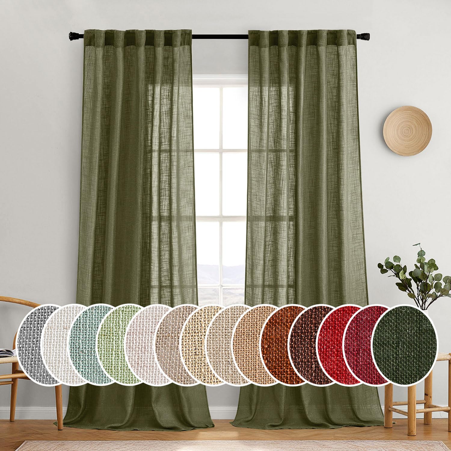 Photo 1 of MIULEE Light Olive Green Linen Curtains 90 Inch Long 2 Panels for Bedroom Living Room, Soft Linen Textured Natural Window Drapes Semi Sheer Light Filtering Back Tab Rod Pocket Burlap Look Decor
