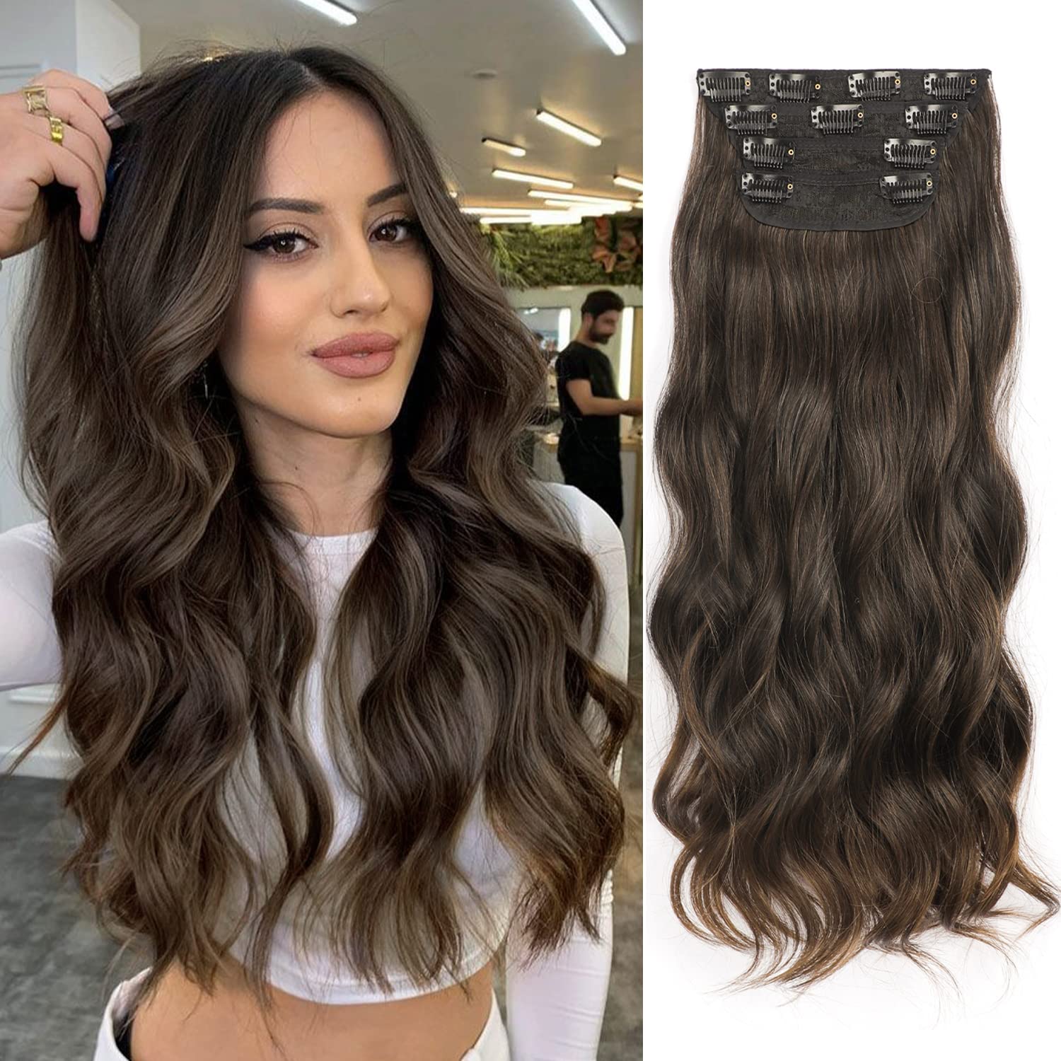 Nnzes Clip in Long Wavy Hair Extension 4PCS Thick Hairpieces Double Weft 20 Inch Synthetic Hair Extension for Women (20 Inch, Darkest Brown Mixed Medium Brown)