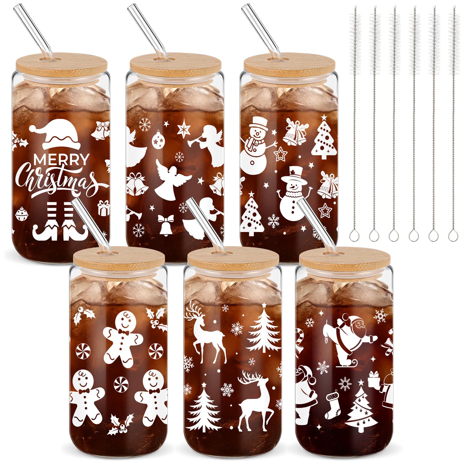 6 Set 2025 Christmas Glass Cups Gifts 16 oz Christmas Drinking Glasses with Bamboo Lid Straw Santa Winter