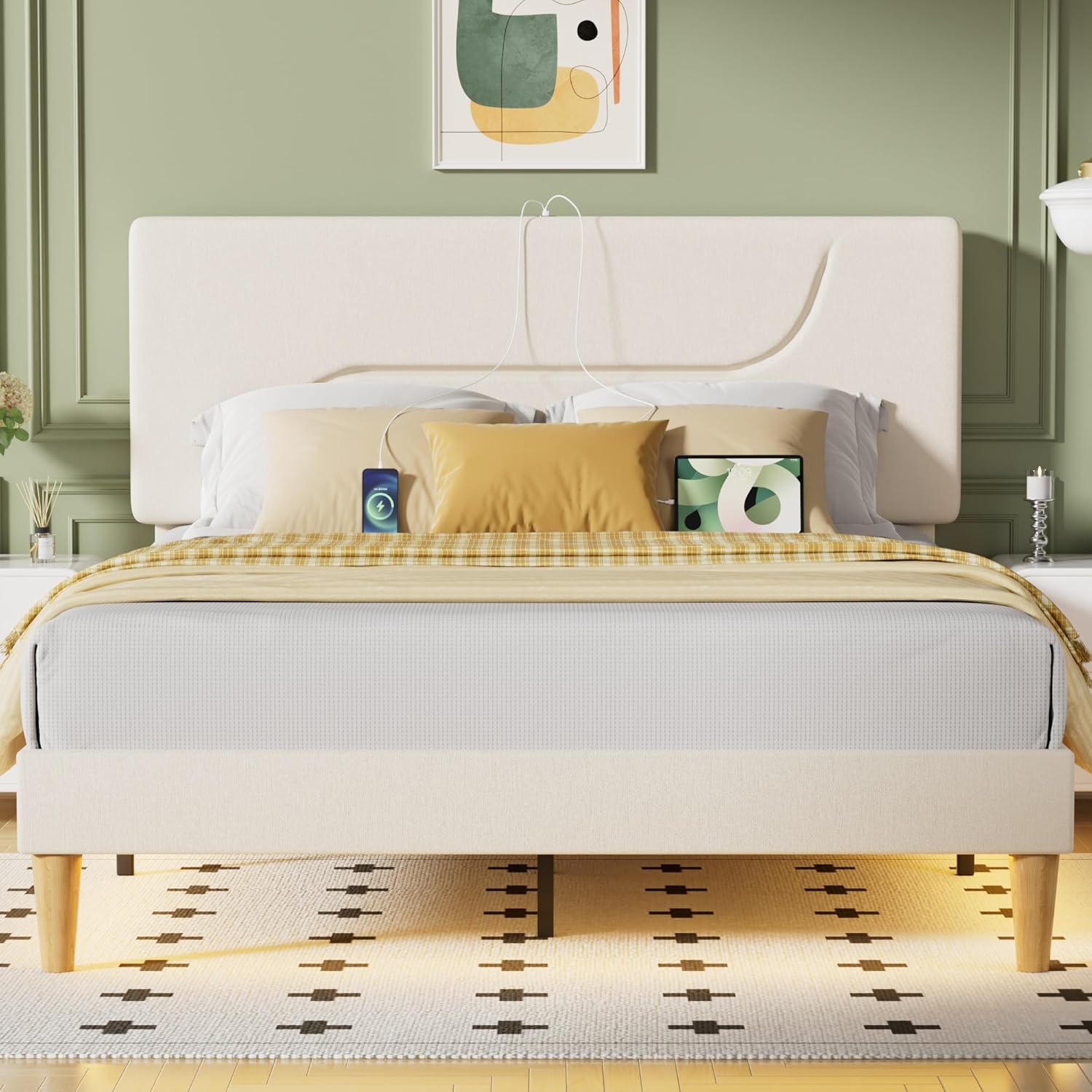 VECELO Queen Size Bed Frame with LED Lights, Upholstered Velvet Headboard with Charging Station, Metal and Wood Slats, No Box Spring Needed, Noise Free, Beige