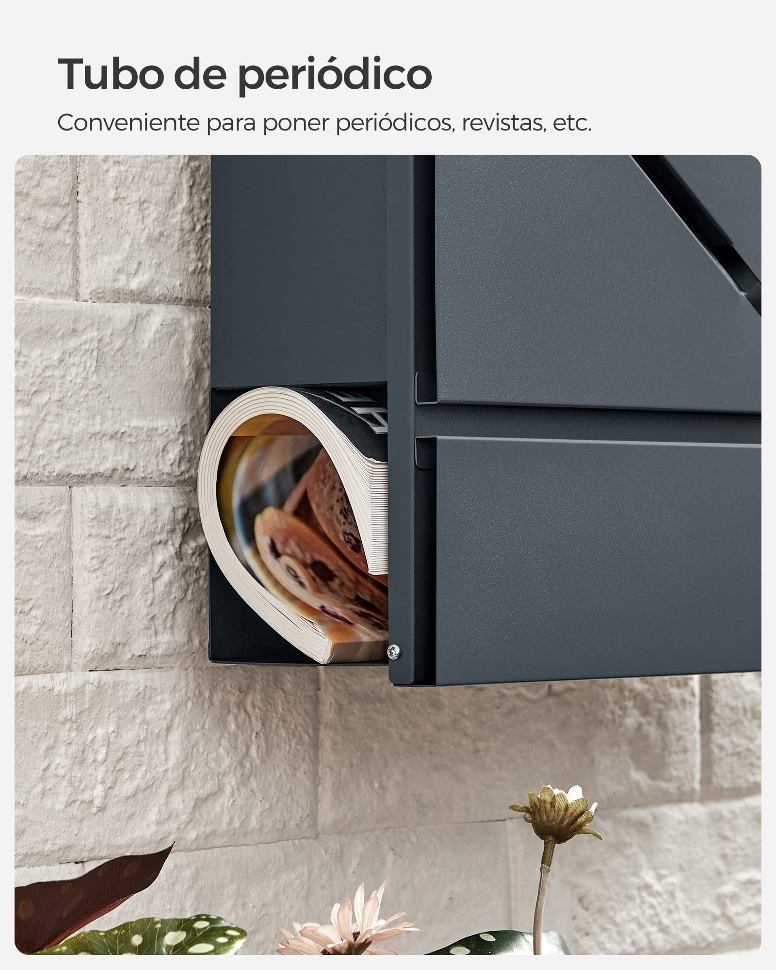 SONGMICS Buzón Correo, Ventanas de Visualización en Forma de V, Buzón Correo Montado en Pared, con Cerradura y Tapa, Portapapeles, Fácil de Instalar, Gris Antracita GMB054G01