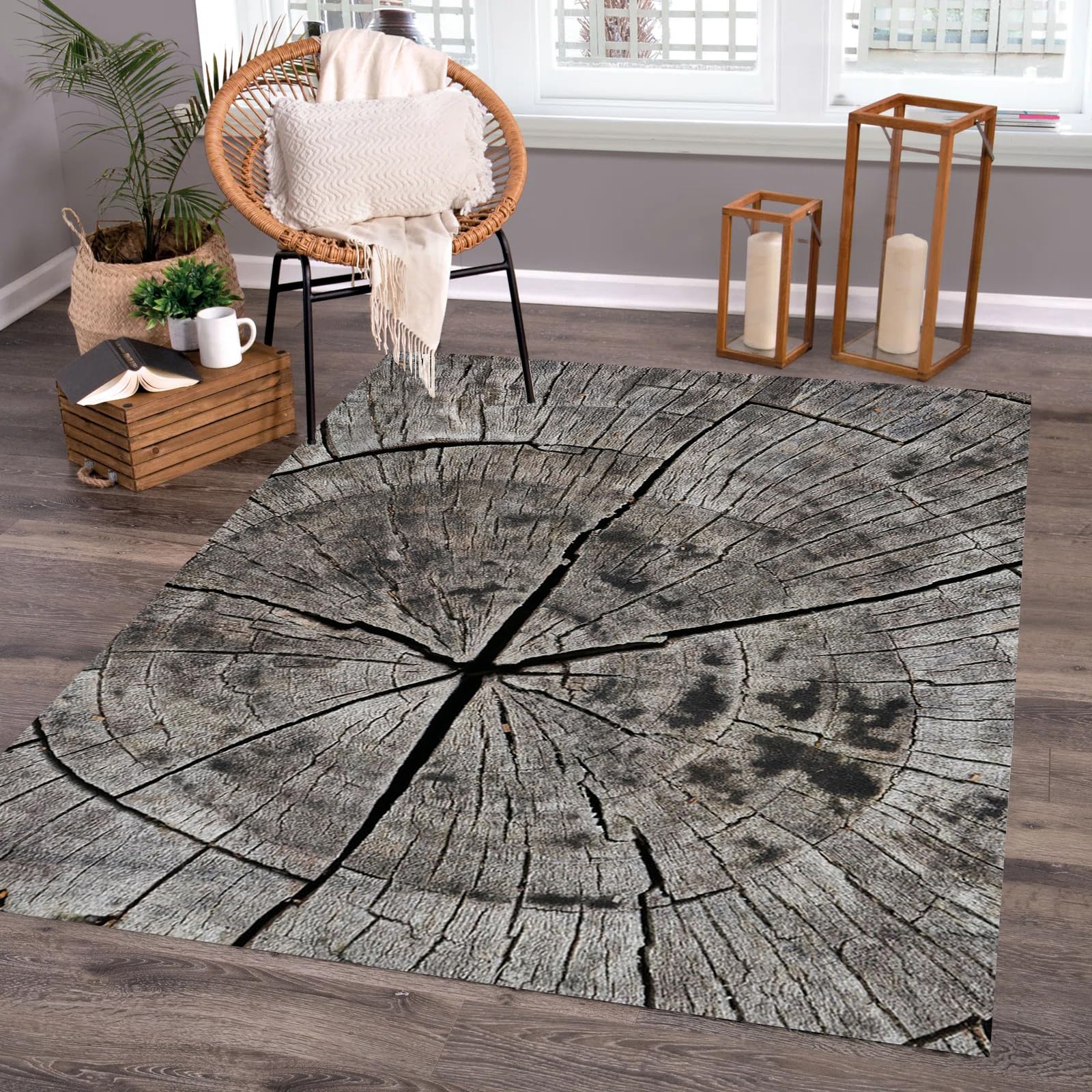 Vintage Rustic Farmhouse Rug 8x10 Grey Brown Wooden Stake Rugs for Living Room Bedroom Dining Room Washable Durable Carpet Non Shedding Soft Laundry