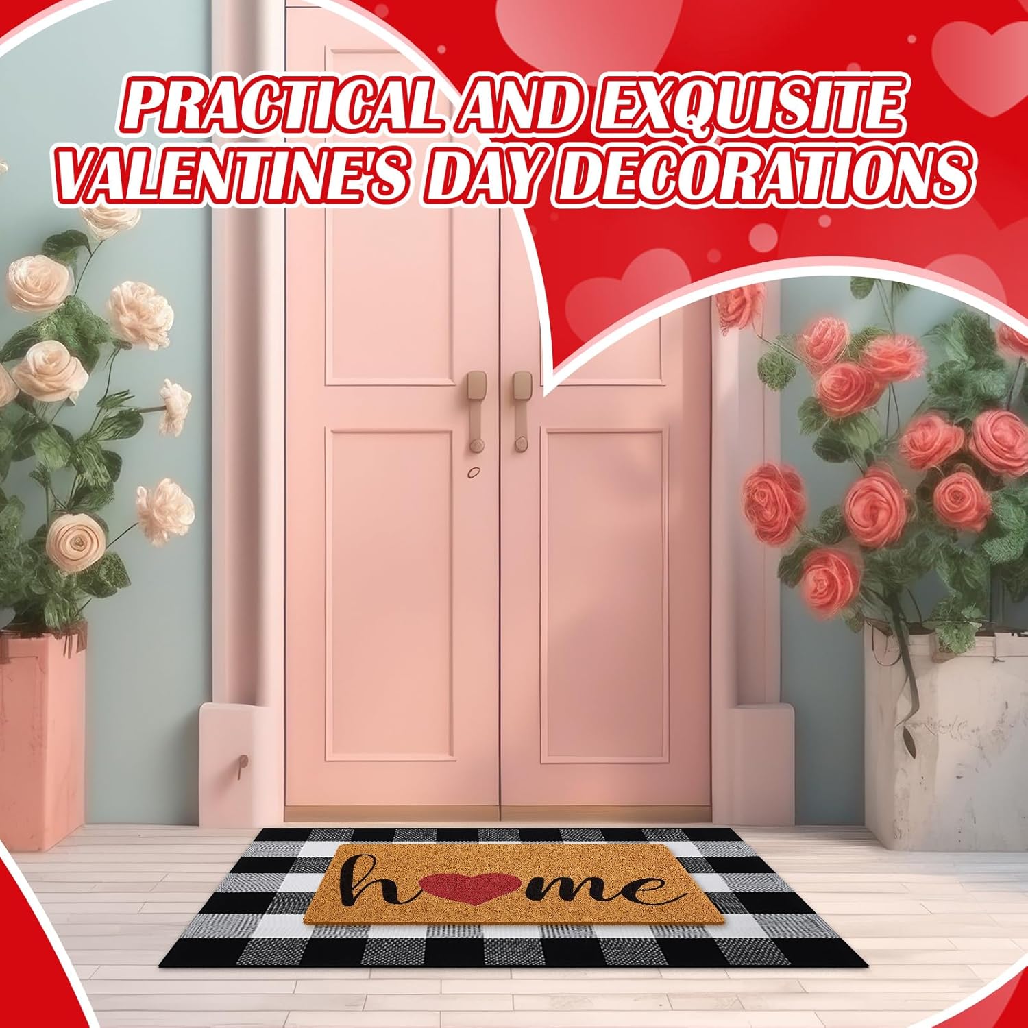 Geelin 2 Pcs Valentines Welcome Mat Outdoor Home Heart Doormat Decorative Imitation Coir Front Door Mat Non Slip Black and White Buffalo Checkered Rug Door for Home Decor