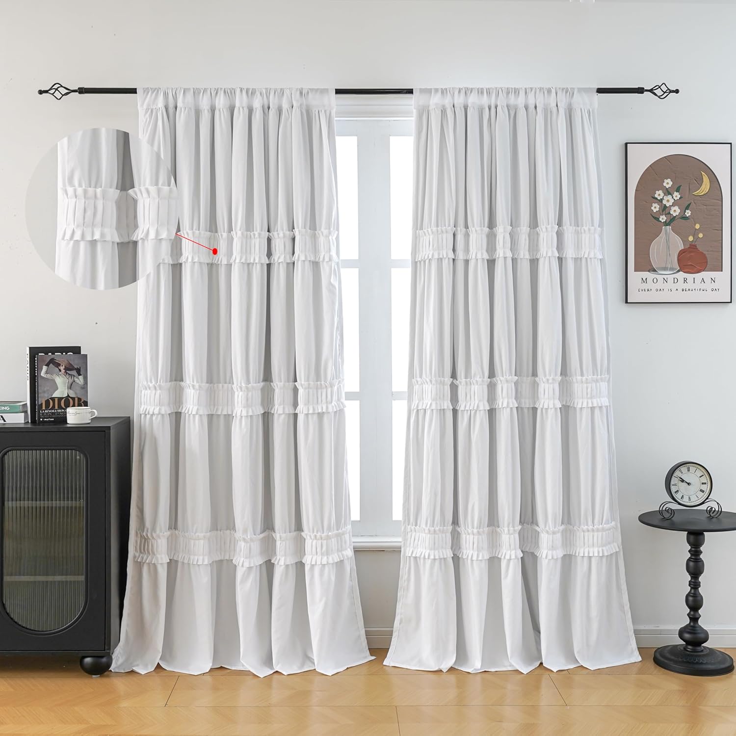 thermal insulated blackout window curtains, 52" w x 84" l x 2 panels, boho ruched window treatments with 3 rows of ruffle, rustic rod pocket drapes for bedroom (white, 84" l x 52" w) white 52"w x 84"l (pack of 2)