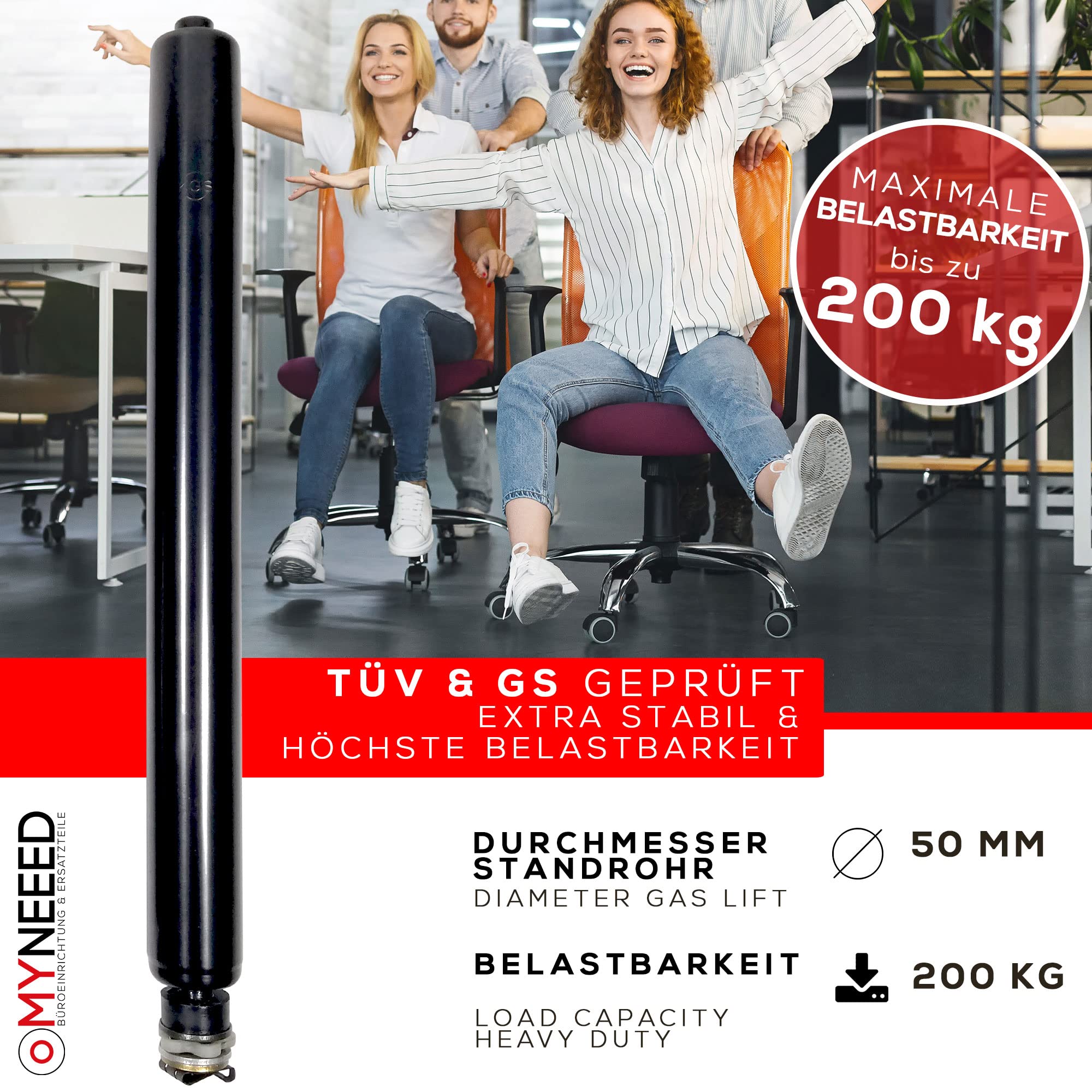 MYNEEED Gasveer voor bureaustoel, gasveer, belastbaar tot 200 kg, gasdrukdemper voor draaistoel, managersstoel, kruk, bureaustoel, gasveerzuil, bureaustoel, standbuis, lengte: 230 mm, zwart