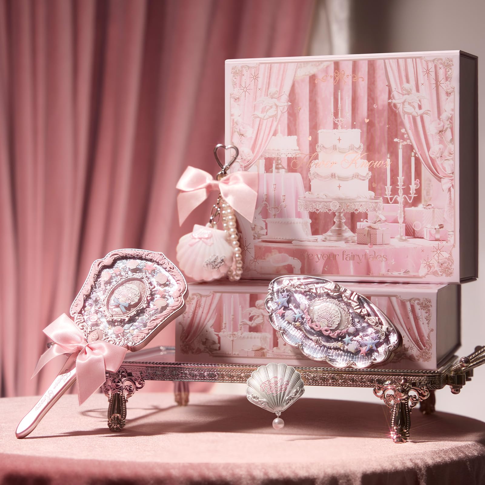 Flower Knows Shell’s Jewel 5-Piece Makeup Gift Box Set-Lunar Luster Spellbook, Eyeshadow Palette+Highlighter Balm+Hand Mirror+Hair Clip+Folding Gift Box(03 Lunar Luster Spellbook Set)