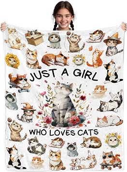 Cat Gifts for Women, Cat Blanket for Women, Cats Lover Blanket for Girls, Just A Girl Who Love Cats, Cat Themed Gifts Idea, Cartoon Cat Blanket for Girls 50" x 60"