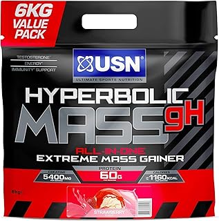 USN Hyperbolic Mass Strawberry 6kg: High Calorie Mass Gainer Protein Powder for Fast Muscle Mass—Weight Gainer, With Added Creatine and Vitamins