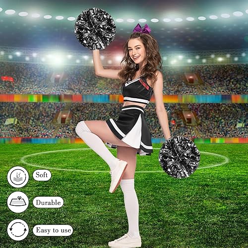 Miniatura 205 de Hanaive 3 pompones de animadora y lazo grande para animadora para el pelo, suministros metálicos para animadora de espíritu de equipo, deportes