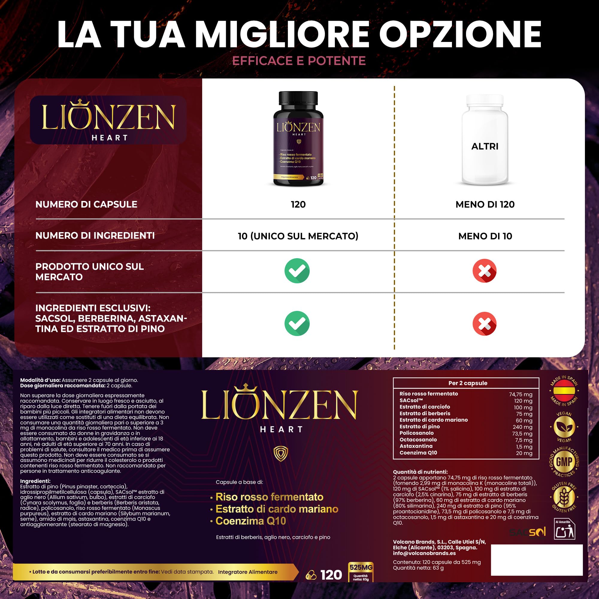Riso Rosso Fermentato (2,99mg di Monacolina K) + Coenzima Q10, Cardo Mariano +10 Ingredienti | Berberina, Astaxantina, Policosanolo | Benessere Metabolico e Antiossidante | LIONZEN Heart
