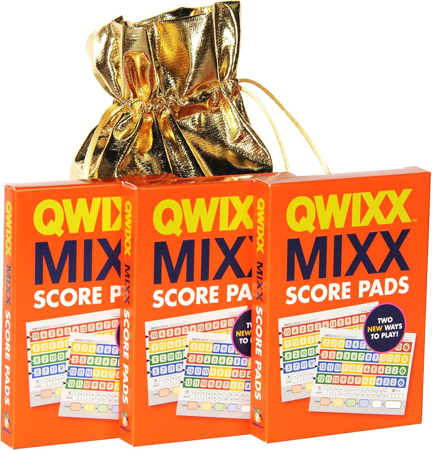 Qwixx Mixx Score Sheets 3 Pack with Gold Metallic-Color Cloth Pouch