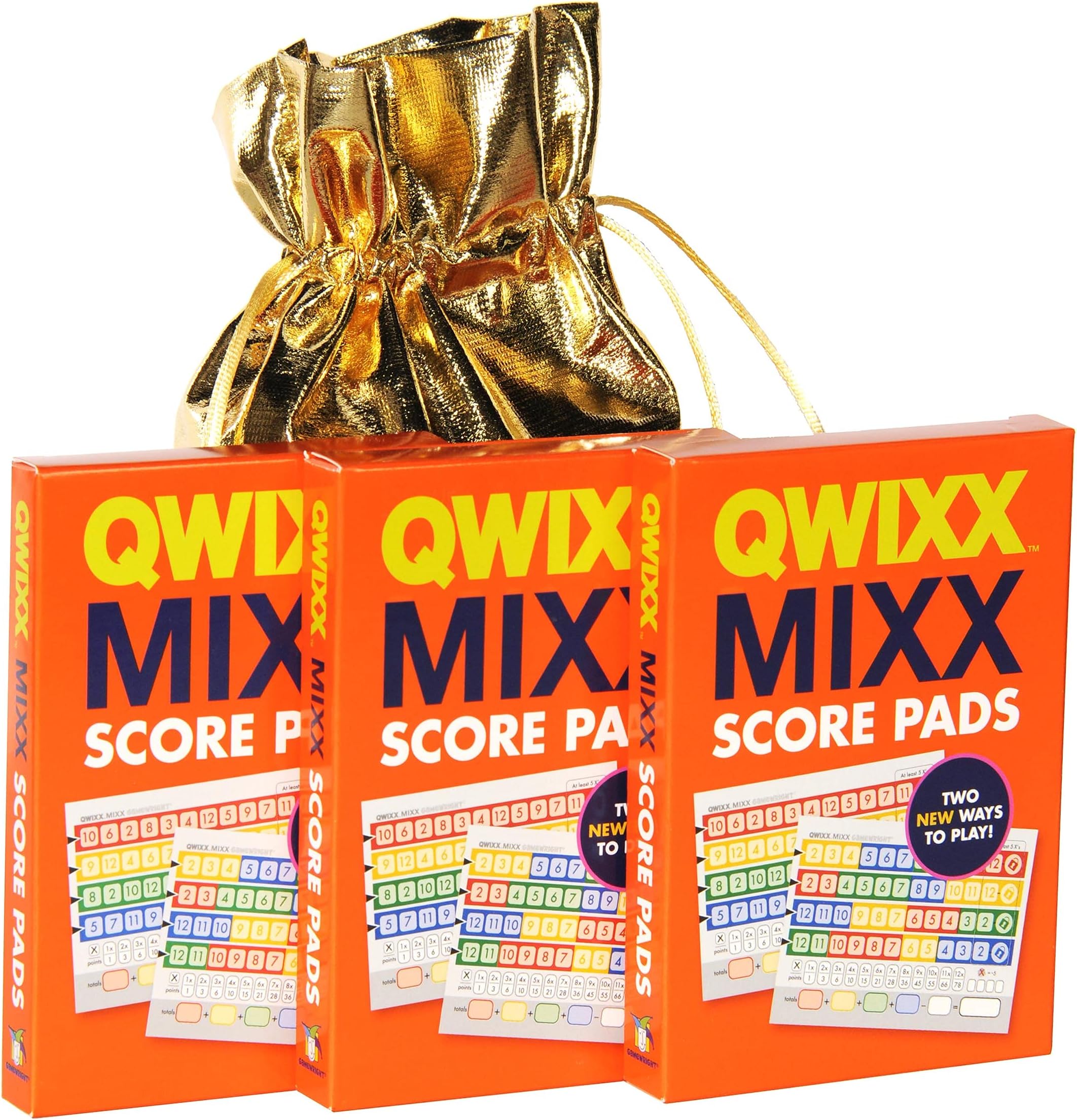 Qwixx Mixx Score Sheets 3 Pack with Gold Metallic-Color Cloth Pouch