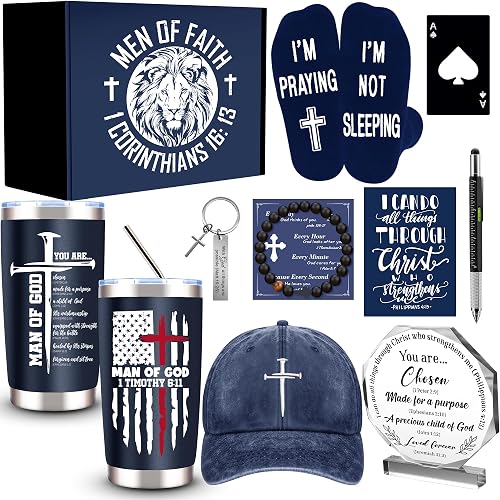 10 Pcs Christian Gifts for Men Faith, Inspirational Religious Gifts, Catholic Gift with 20 Oz Tumbler Bible Verses Crystal Plaque Hat Socks Bracelet Keychain for Husband, Dad, Grandpa, Friends