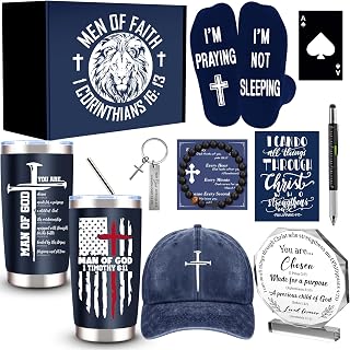 10 Pcs Christian Gifts for Men Faith, Inspirational Religious Gifts, Catholic Gift with 20 Oz Tumbler Bible Verses Crystal Plaque Hat Socks Bracelet Keychain for Husband, Dad, Grandpa, Friends