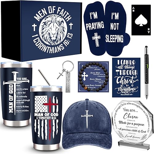 10 Pcs Christian Gifts for Men Faith, Inspirational Religious Gifts, Catholic Gift with 20 Oz Tumbler Bible Verses Crystal Plaque Hat Socks Bracelet Keychain for Husband, Dad, Grandpa, Friends