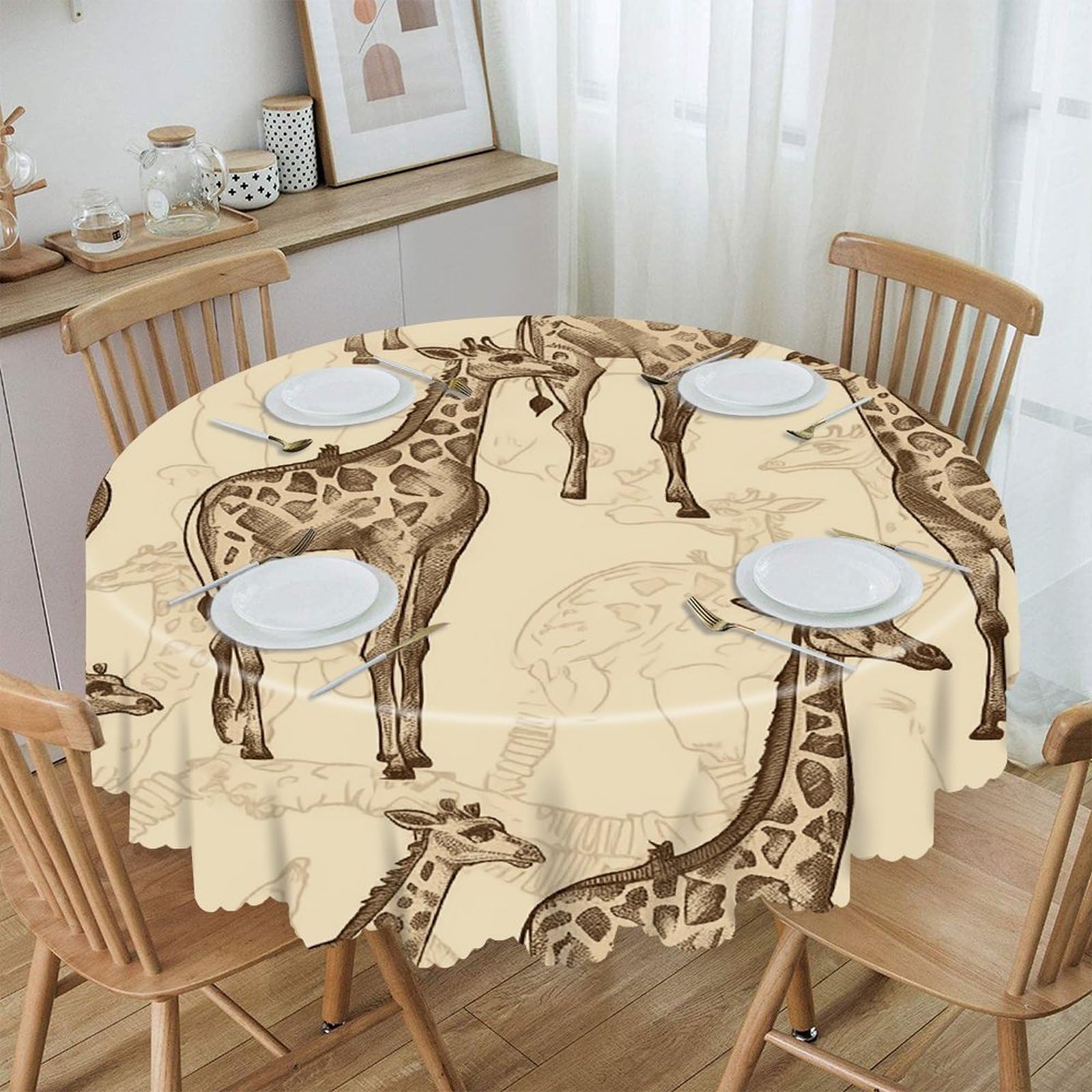 VstaDank Hand Drawn Giraffes Round Tablecloth Wipeable Round Polyester Tablecloth Waterproof Wrinkle Free Indoor and Outdoor Table Cover 60 Inch Decorative Farmhouse Table Cloth for Dining