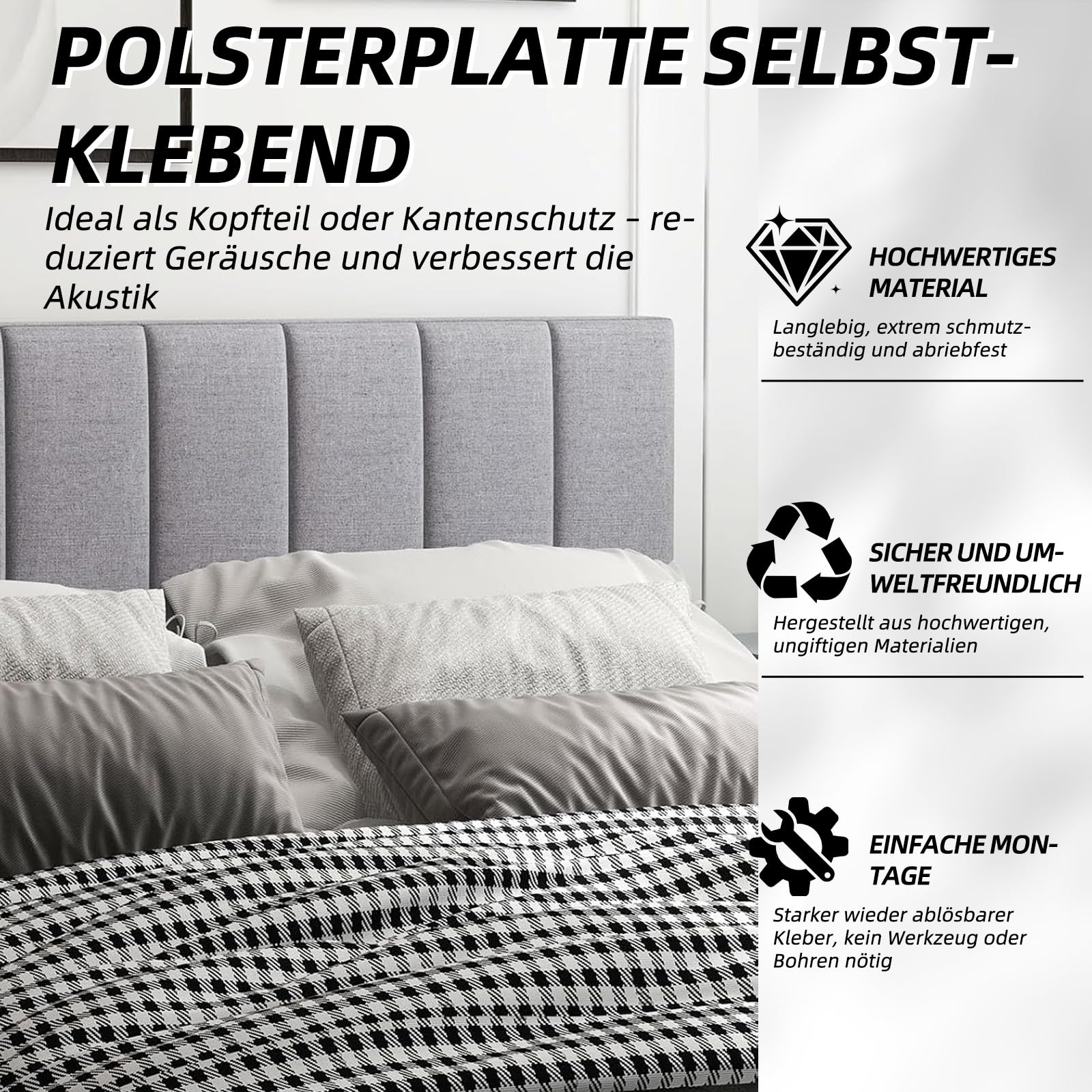 Polsterpaneele 4er Set, rechteckige Deko-Wandpaneele, als Kopfteil oder Prallschutzpaneel verwendbar, reduziert Lärm und verbessert die Akustik, 40x20 cm, hellgrau (hellgrau, 40 * 20cm)