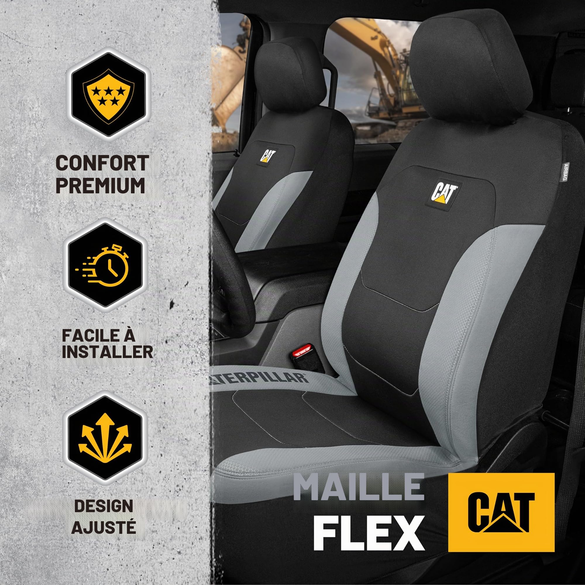 CAT erpillar Flexfit Lot de 2 housses de siège auto pour voiture, camion et SUV – Housses de siège noires pour sièges avant, protection de siège avec bordure en nid d'abeille gris, housses intérieures