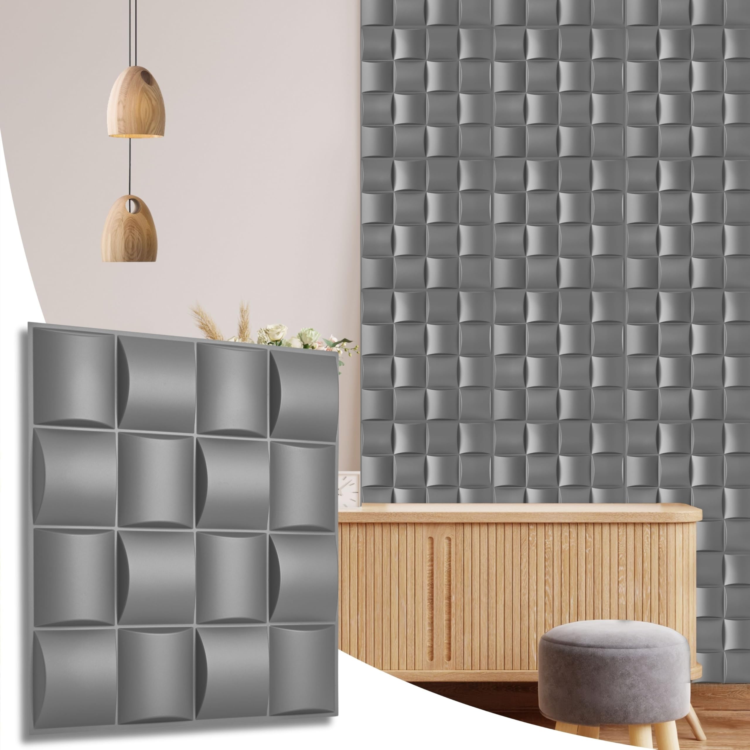 NOVECRAFTO Lattice Effect 3D Wall Panels - 10 Sheets Covering - 2.5 sqm | 26.91 sqf Interior Cladding Set | 3D Wall Tiles Square Grid Lattice Design in Matte Grey - Each Panel Size 19.6" x 19.6"