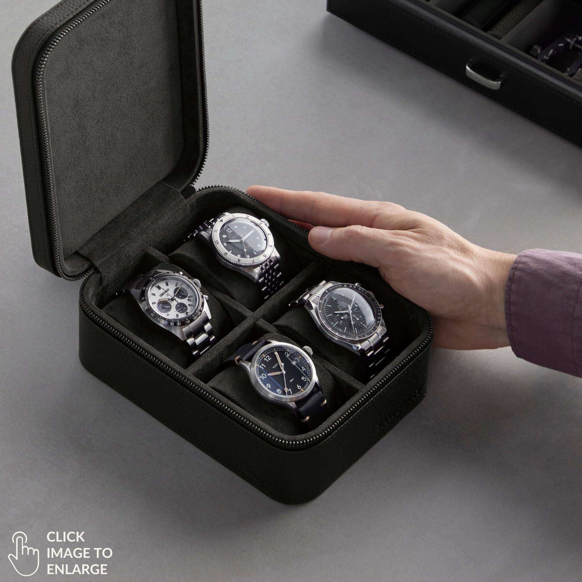 TAWBURY Custodia per orologi in pelle a 4 scomparti – Lussuosa custodia da viaggio nera da uomo | 4 orologi da viaggio da uomo