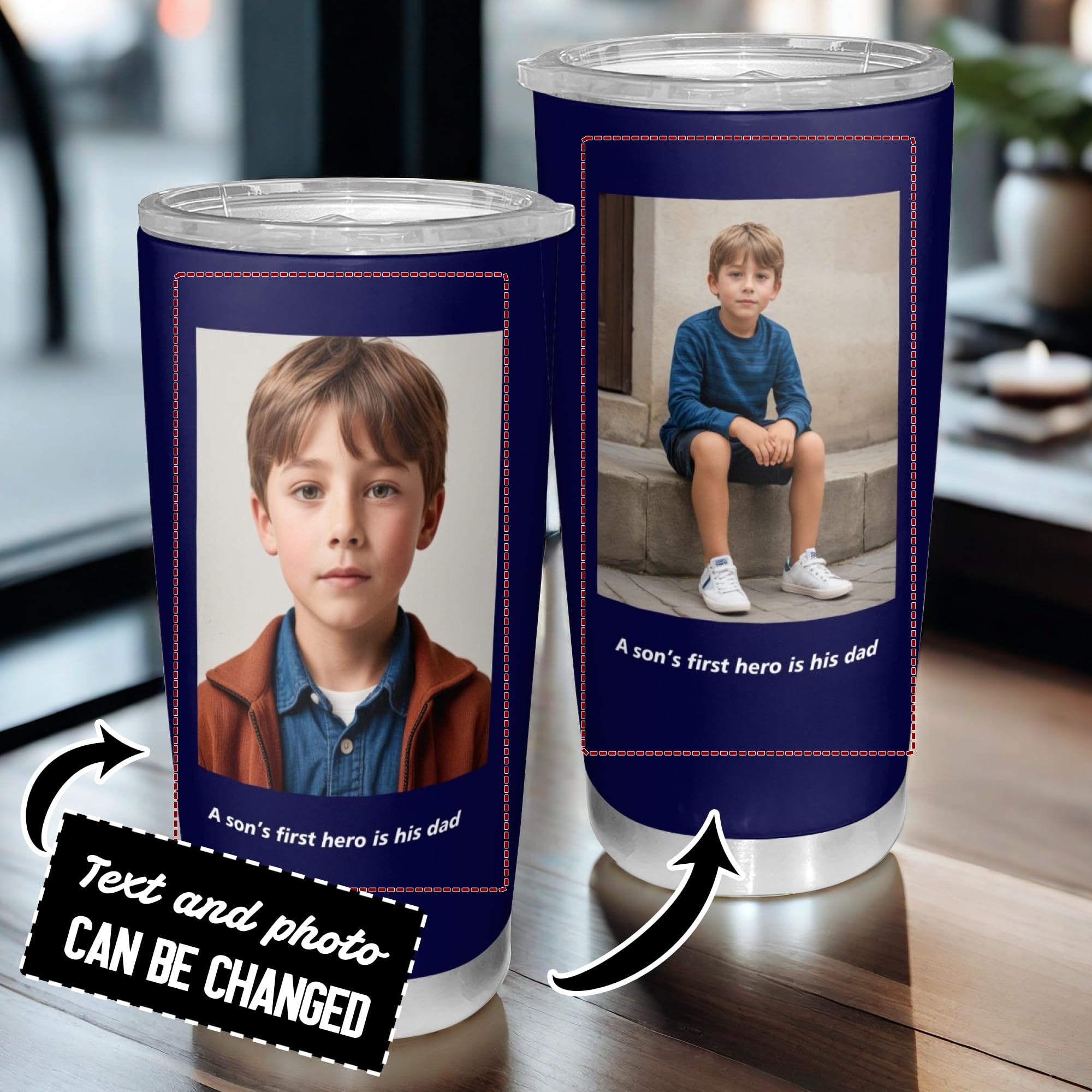 Personalized Coffee Tumbler with Pictures Text, Custom Stainless Steel tumbler with lid and straw, Travel Drink Mug, 20 Oz Cup, Personalized Birthday Gifts for Mom Dad(To Son)