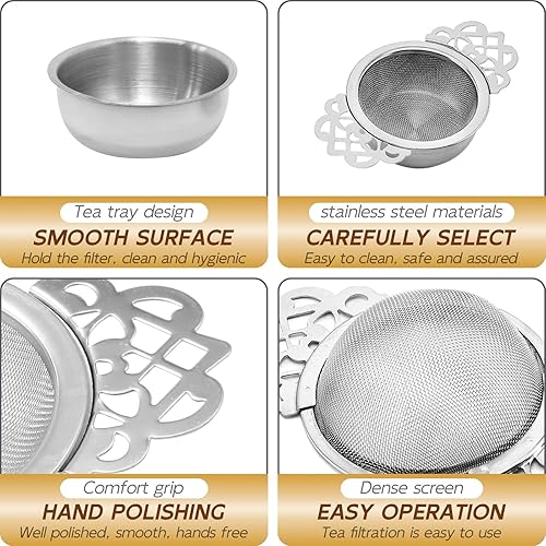 Miniatura 10 de Colador de drenaje de té de acero inoxidable 304, filtro de té, cuencos de goteo de té, tetera con asas de pétalos, divisor de té, paquete de 4