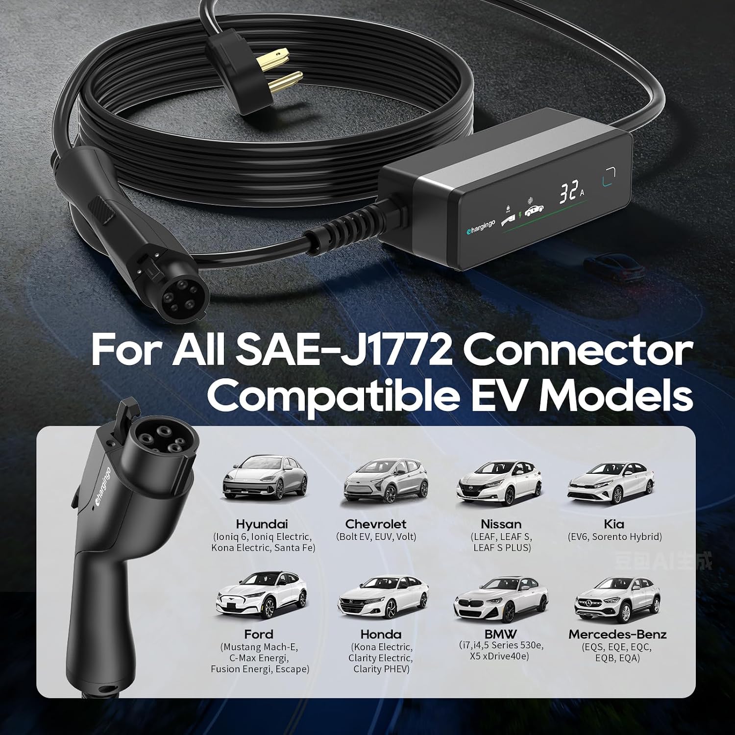 Level 2 EV Charger for SAE J1772 E, 32A 240V Portable EV Charger with NEMA 14-50 Plug, 25FT Cable, Adjustable 16A-32A, LCD Display, Plug-and-Play Fast Charging Station for Home/Outdoor