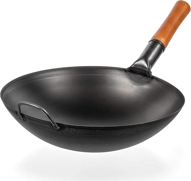 YOSUKATA Carbon Steel Wok Pan - 14"/36 cm Woks and Stir Fry Pans - Chinese Wok with Round Bottom Wok - Traditional Chinese Japanese Woks - Black Steel Wok 14 inch