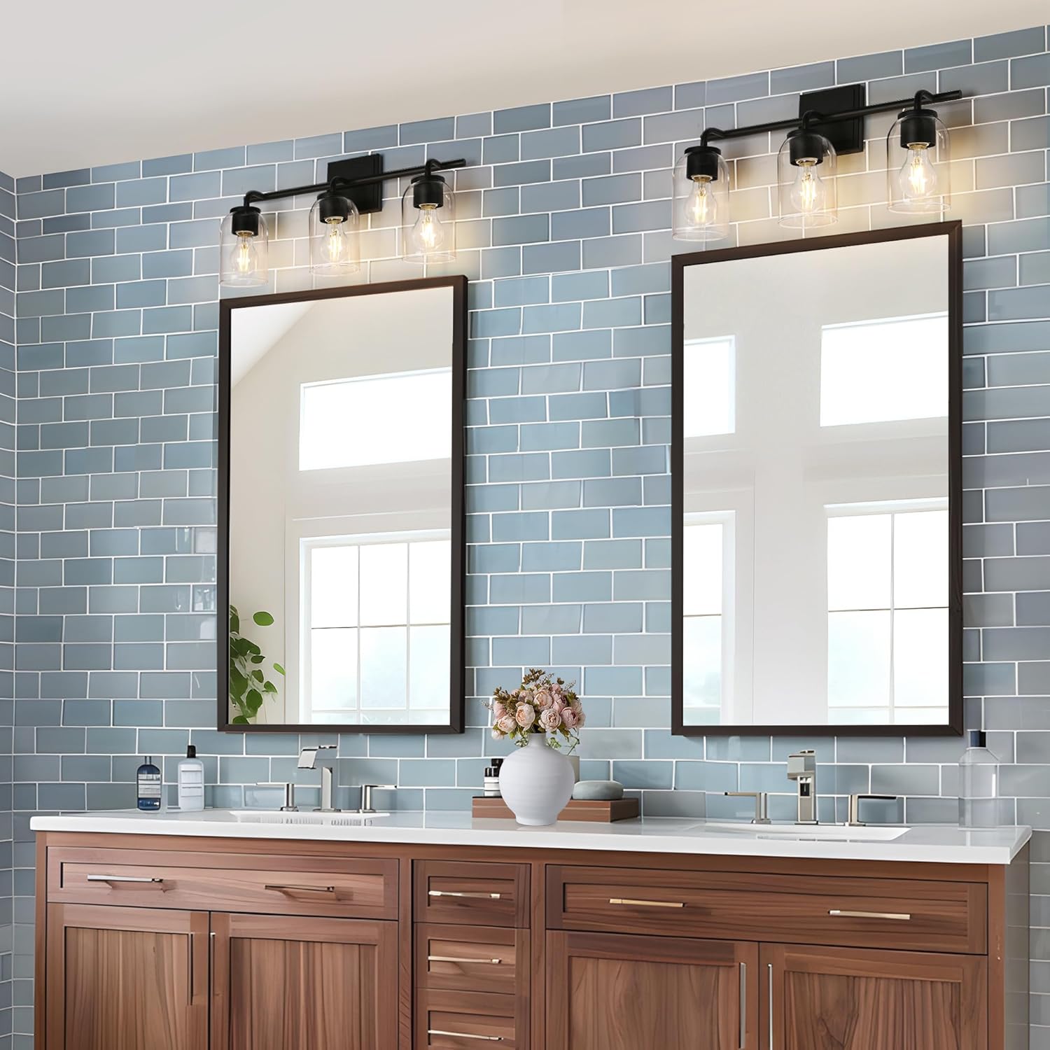 Bathroom Wall Light Fixtures, 3-Light Black Vanity Light with Cylinder Clear Glass Shade, Modern Farmhouse Wall Lamp Over Mirror