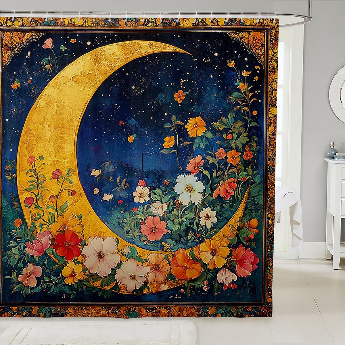 Boho Moon Shower Curtain,Watercolor Flower Leaves Bath Curtain,Moonlit Night Art Bathtub Waterproof Fabric Kids Teens Woman Girls Bathroom Decor,Retro