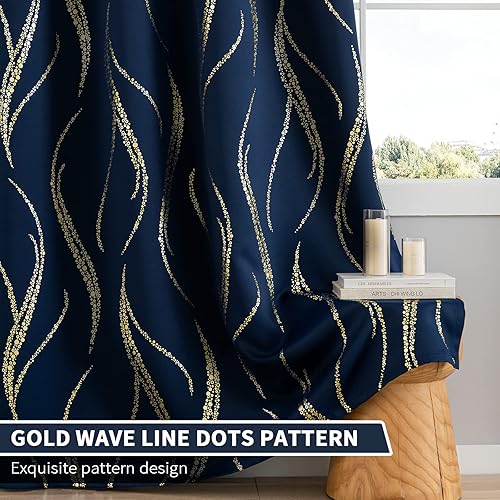 Miniatura 6 de Yakamok Cortinas opacas de 84 pulgadas de largo para sala de estar, con aislamiento térmico, patrón de líneas onduladas doradas, patrón de puntos,
