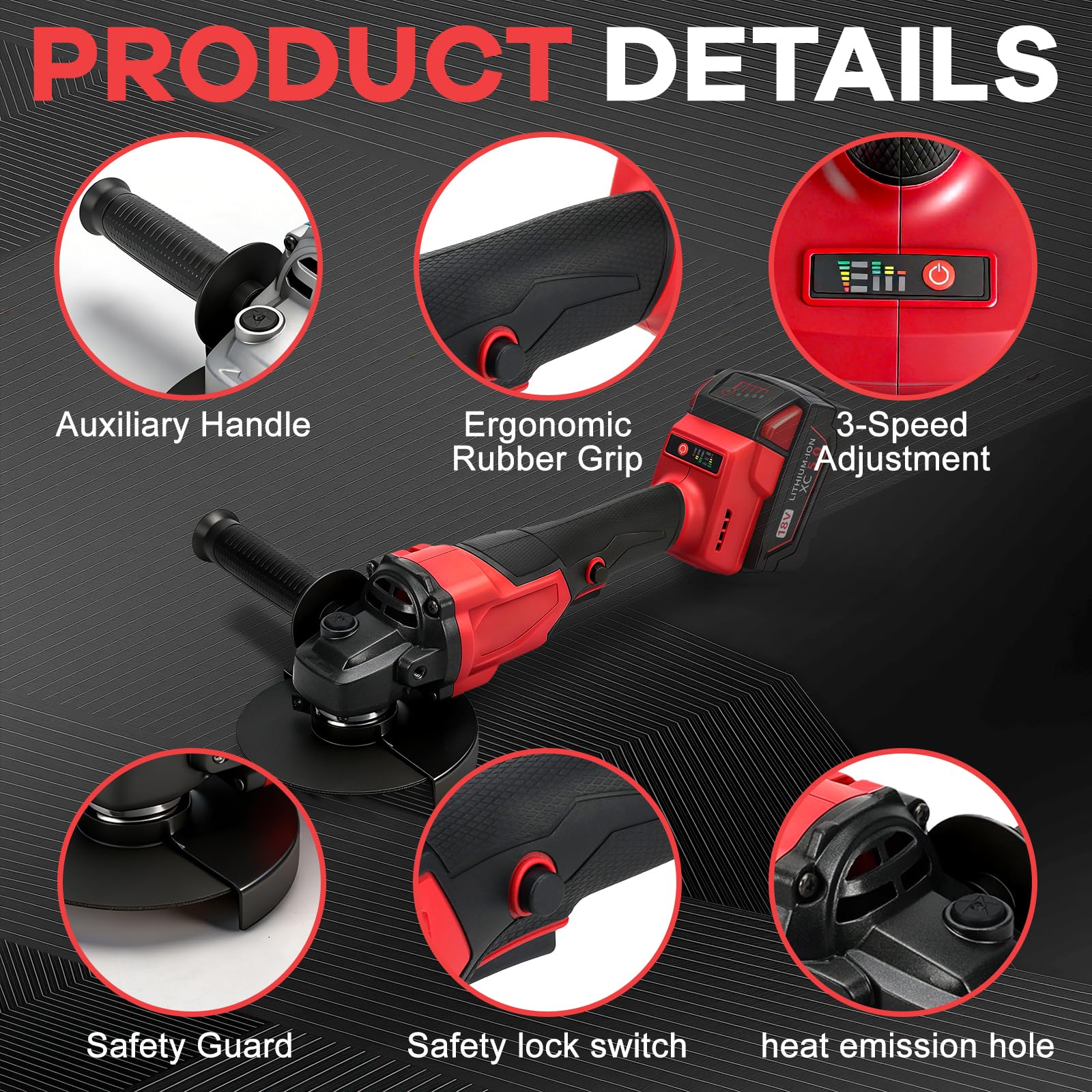 Smerigliatrice angolare a batteria da 125 mm, compatibile con Milwaukee M 18 V (senza batteria), 900 W, 9000 giri/min, smerigliatrice angolare brushless a 3 velocità, 12 dischi, impugnatura aggiuntiva